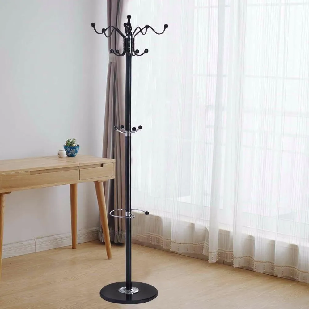 15 Hooks Coat Rack 70" Metal Coat Hat Jacket Stand Tree Holder Bags Hanger Rack With Marble Base