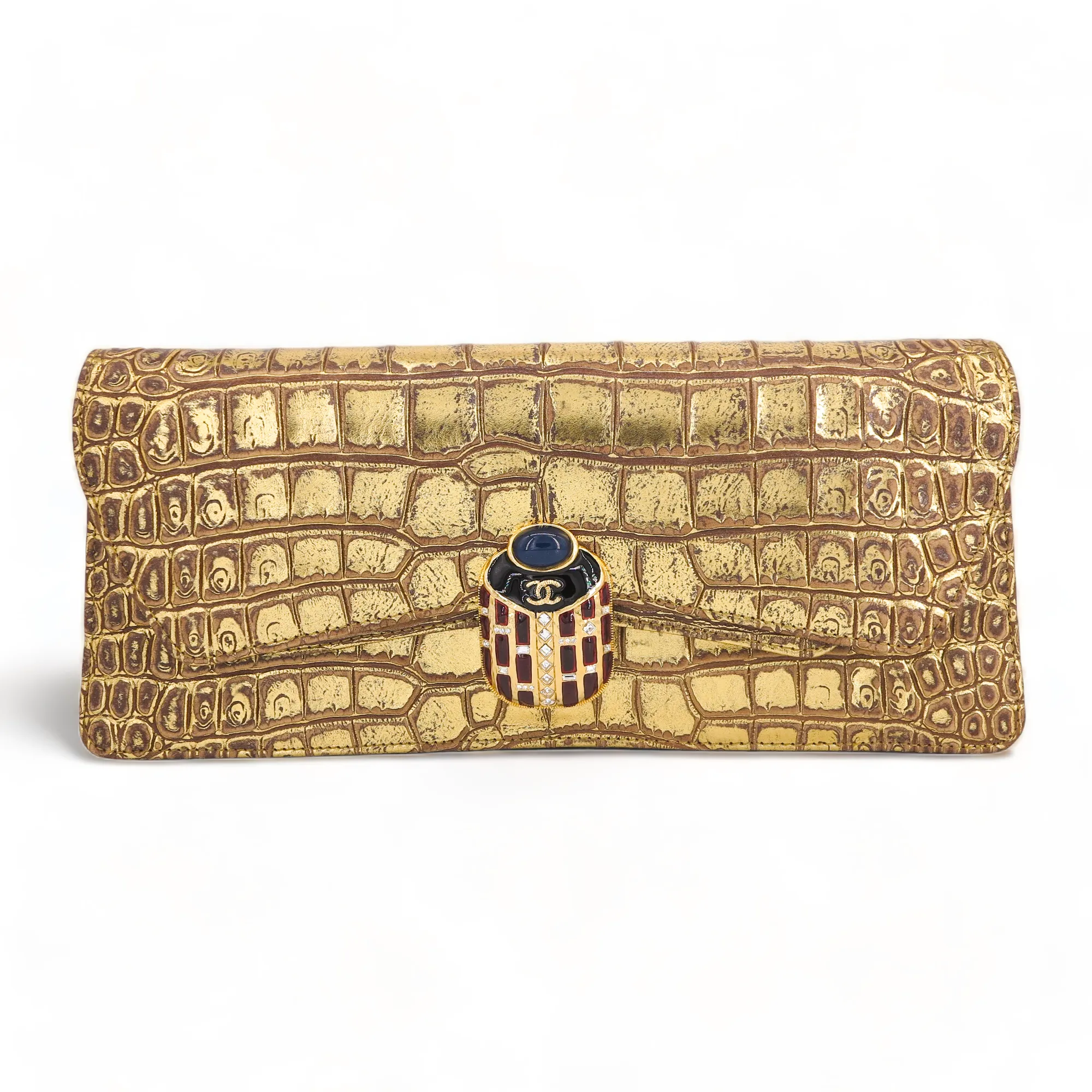 19A Ancient Egypt Gold Crocodile Embossed Jewelled Scarab Clutch Bag