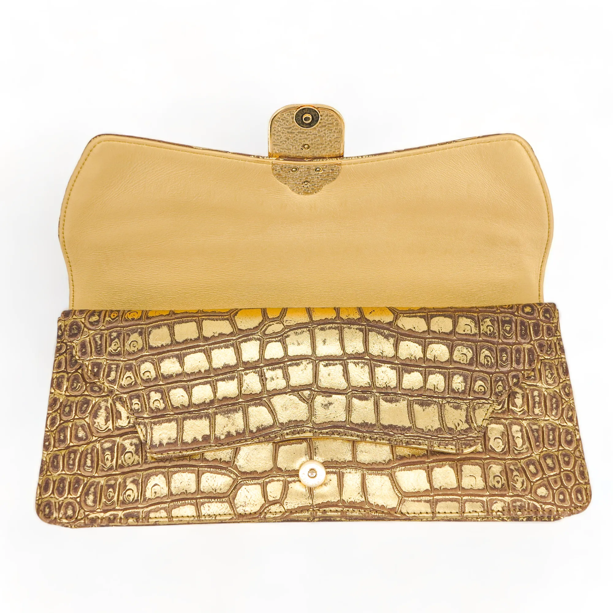 19A Ancient Egypt Gold Crocodile Embossed Jewelled Scarab Clutch Bag