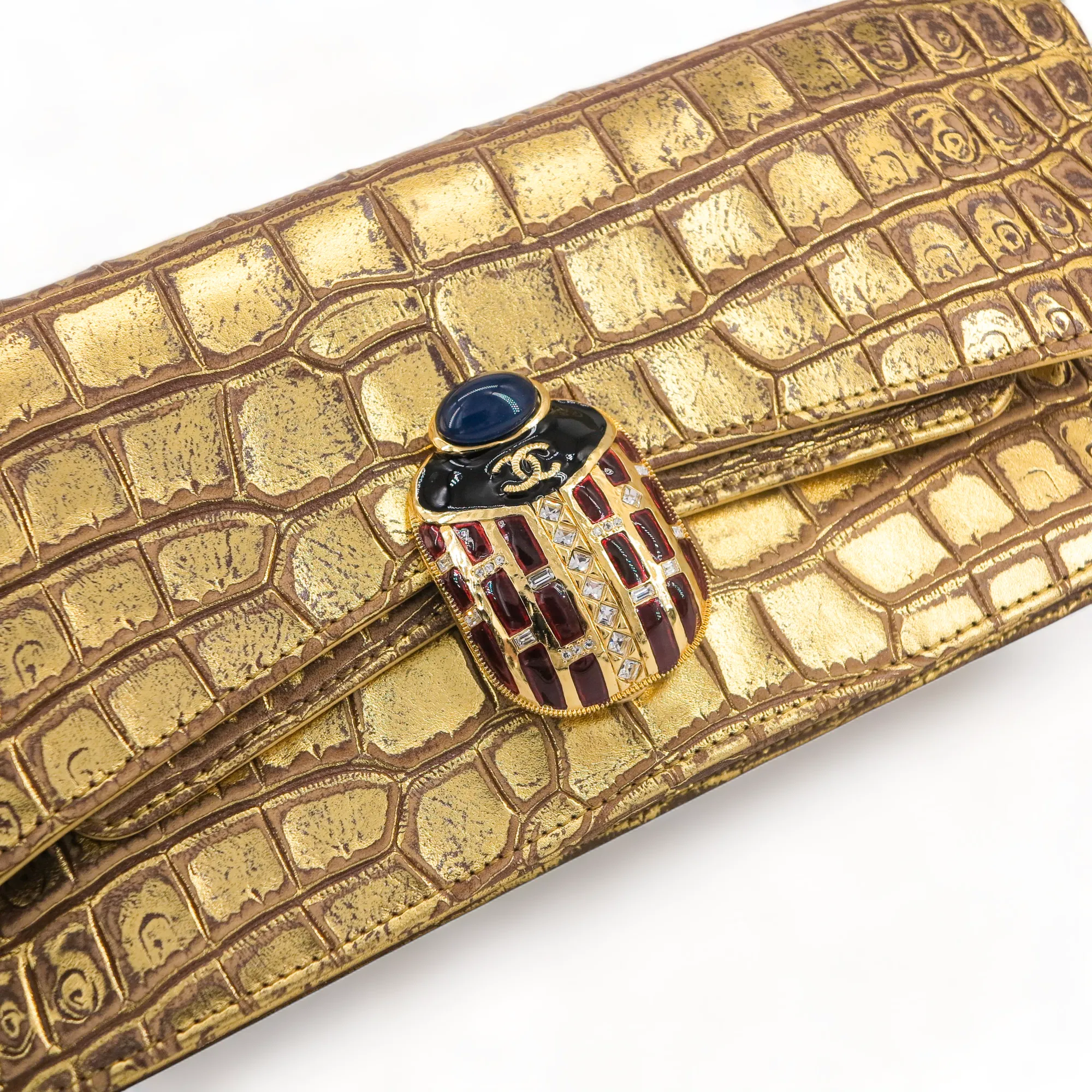 19A Ancient Egypt Gold Crocodile Embossed Jewelled Scarab Clutch Bag