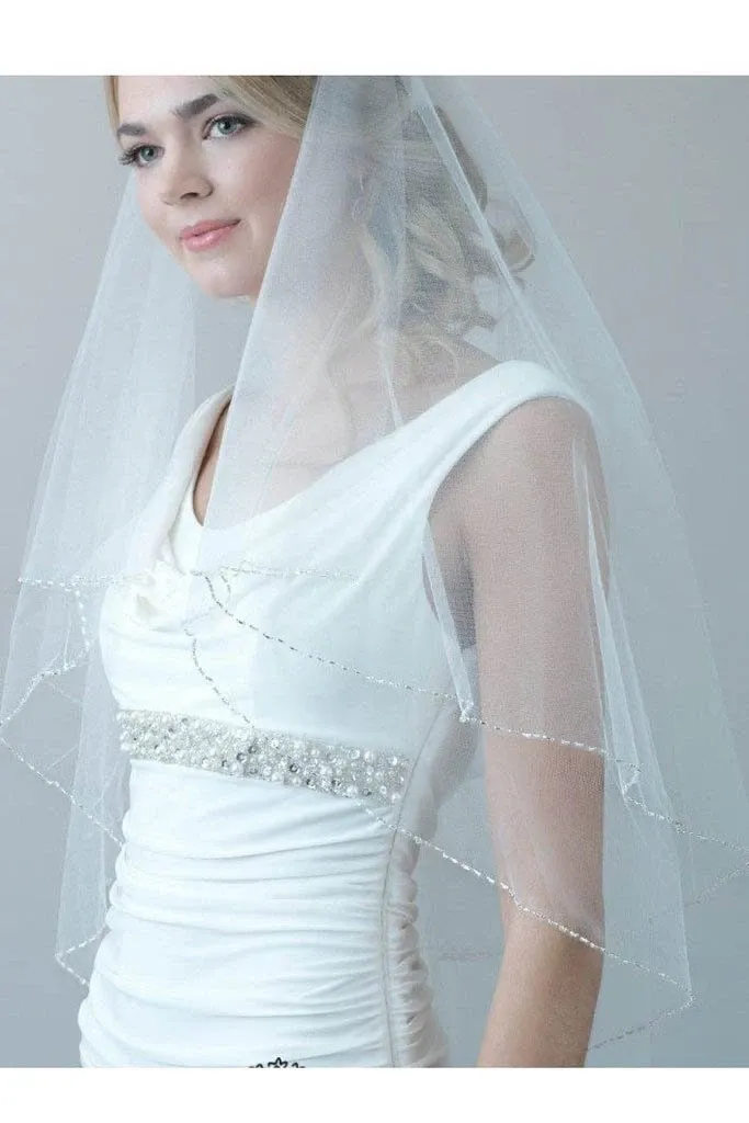 2 Layers Beaded Wedding Veil with Blusher Fingertip APWV0016