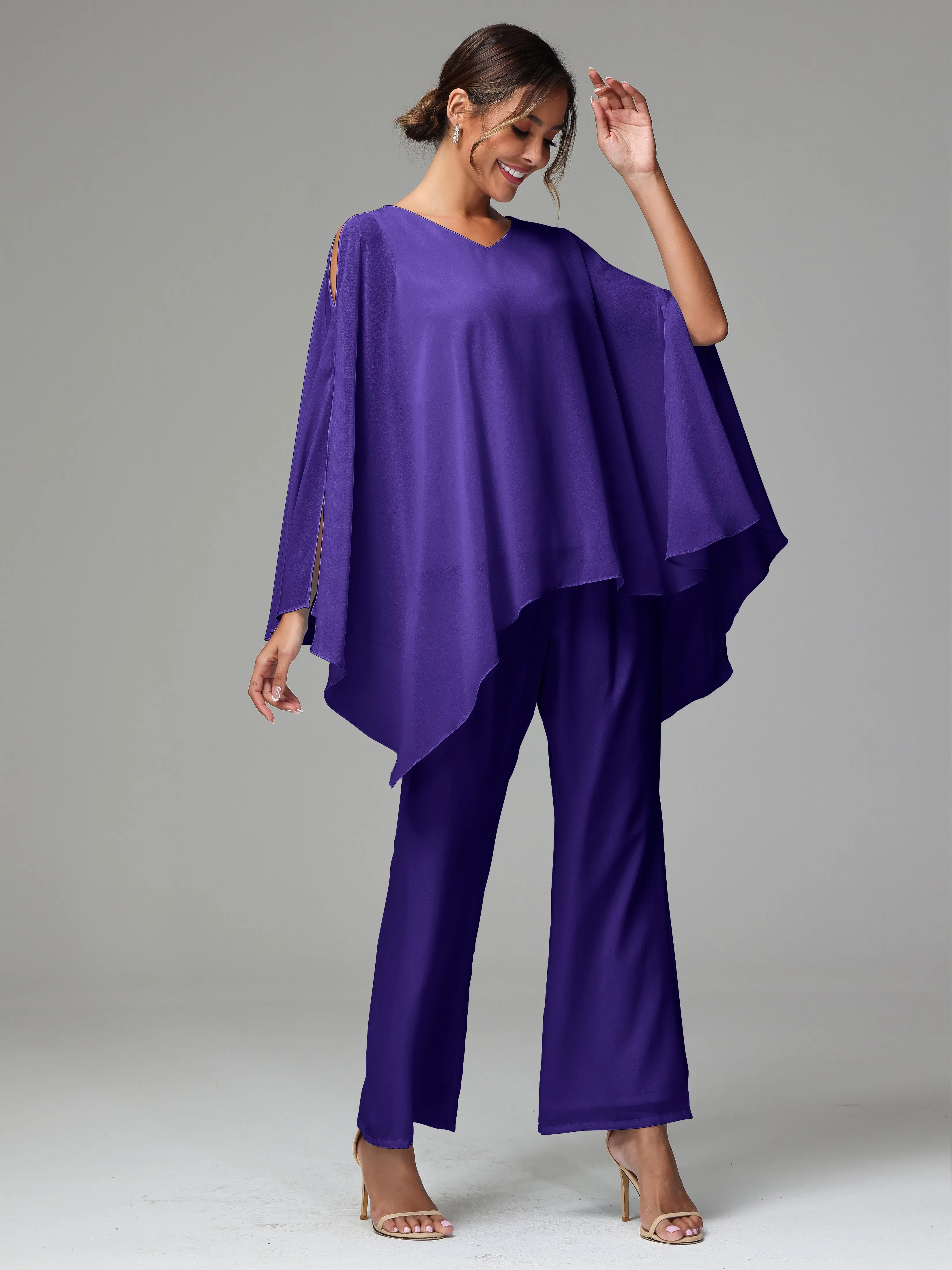2 Pieces Flowy Split Sleeves Chiffon Mother Of The Bride Dress Pants Suits
