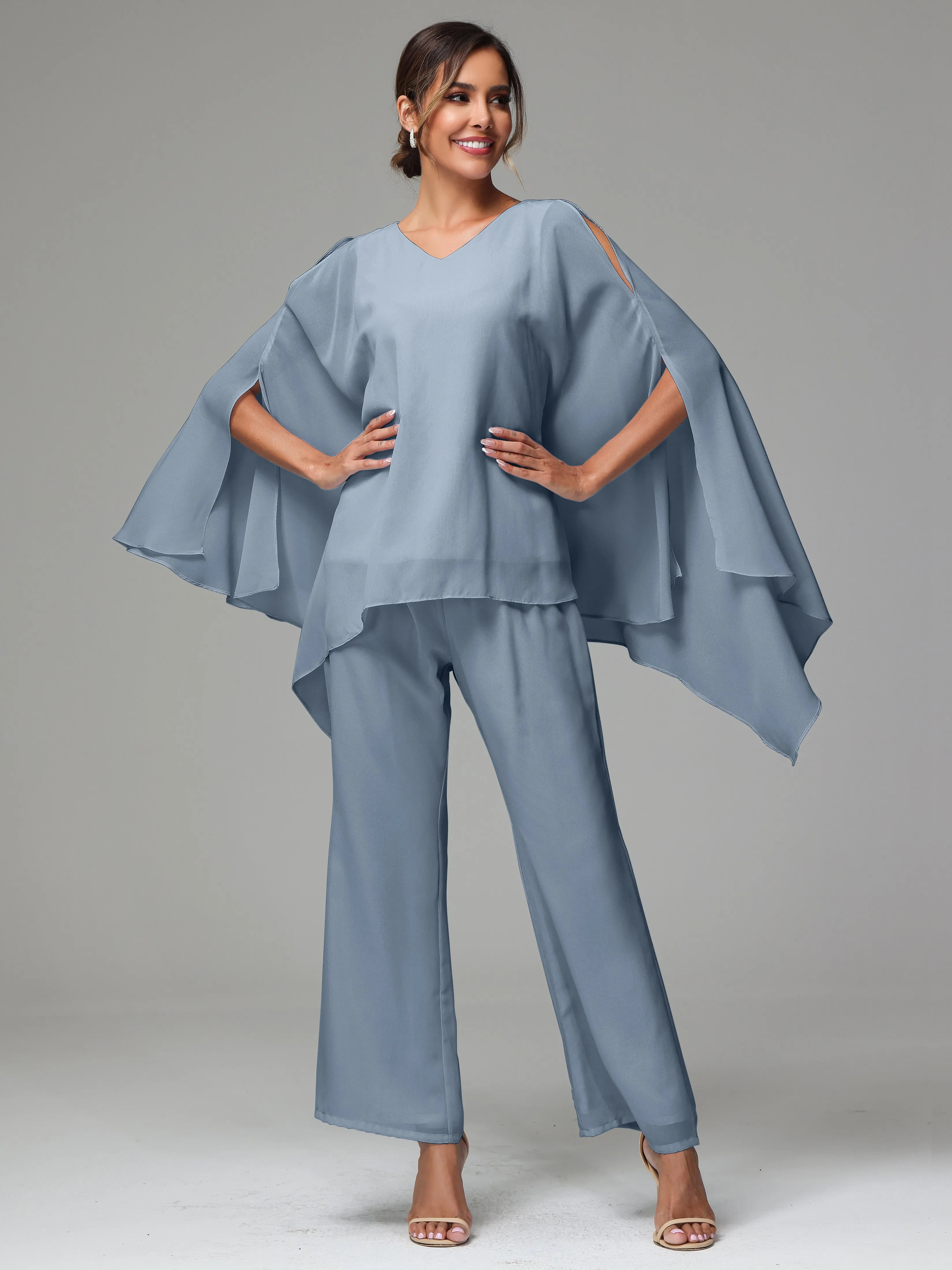 2 Pieces Flowy Split Sleeves Chiffon Mother Of The Bride Dress Pants Suits