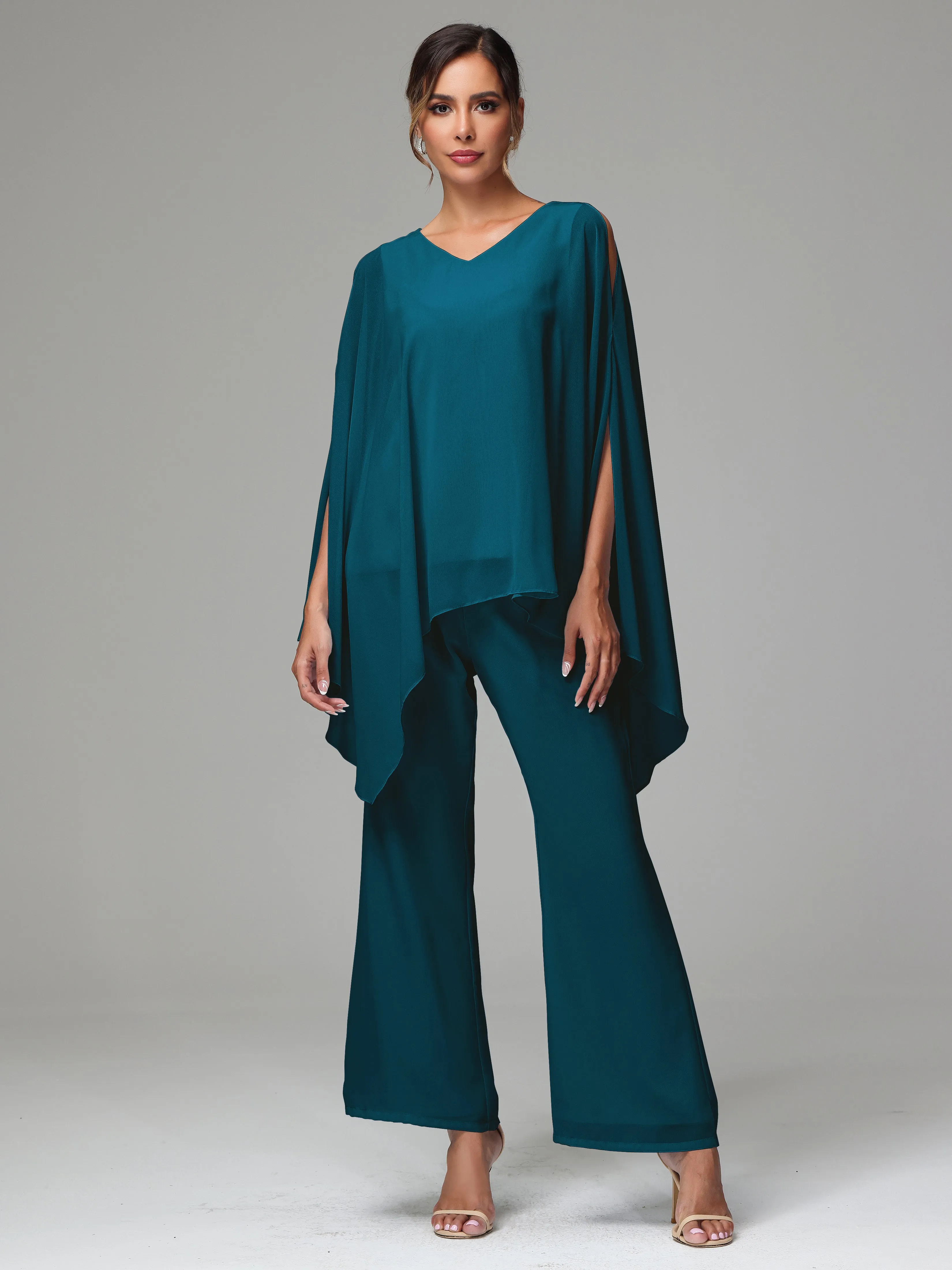 2 Pieces Flowy Split Sleeves Chiffon Mother Of The Bride Dress Pants Suits