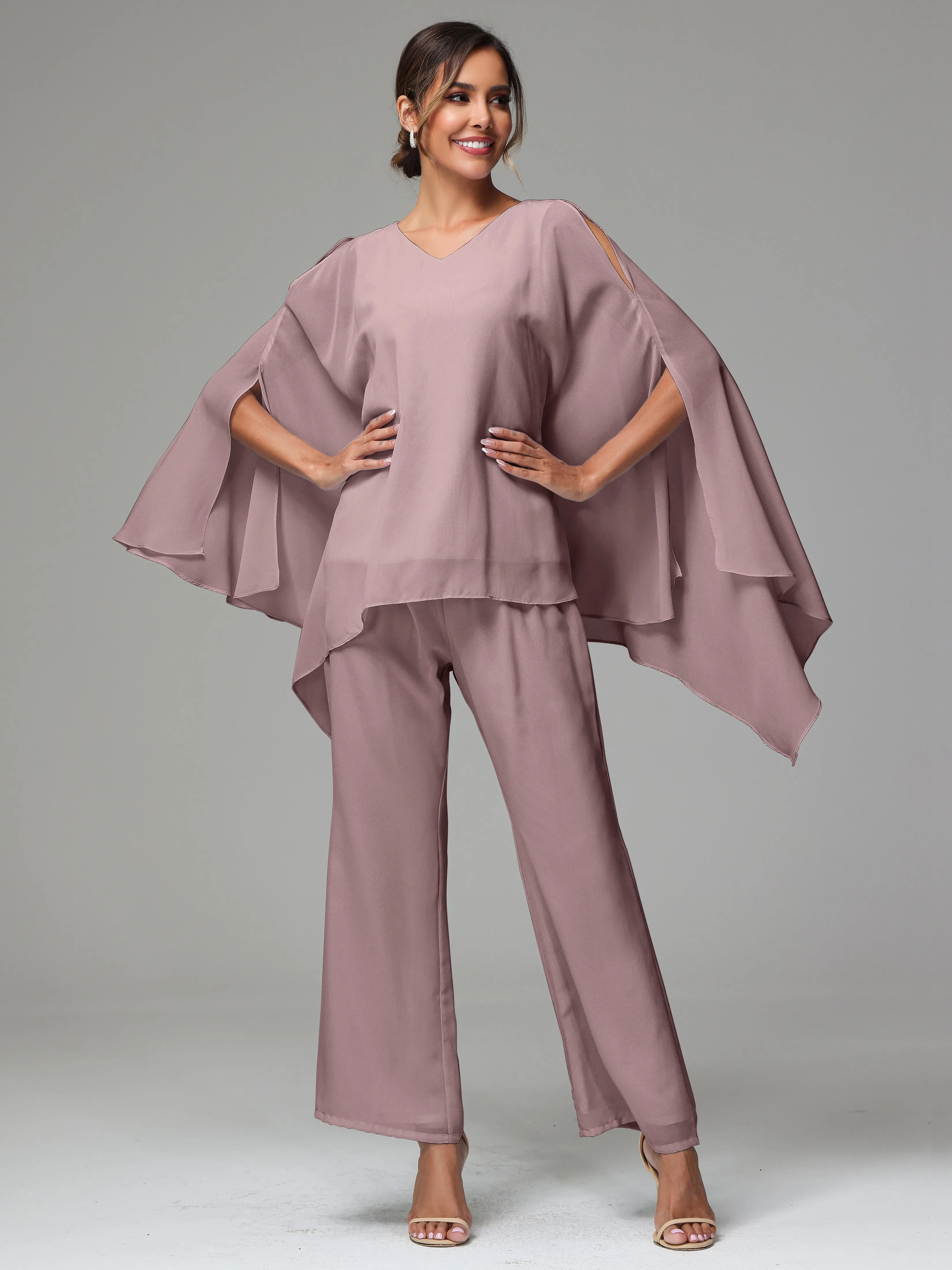 2 Pieces Flowy Split Sleeves Chiffon Mother Of The Bride Dress Pants Suits