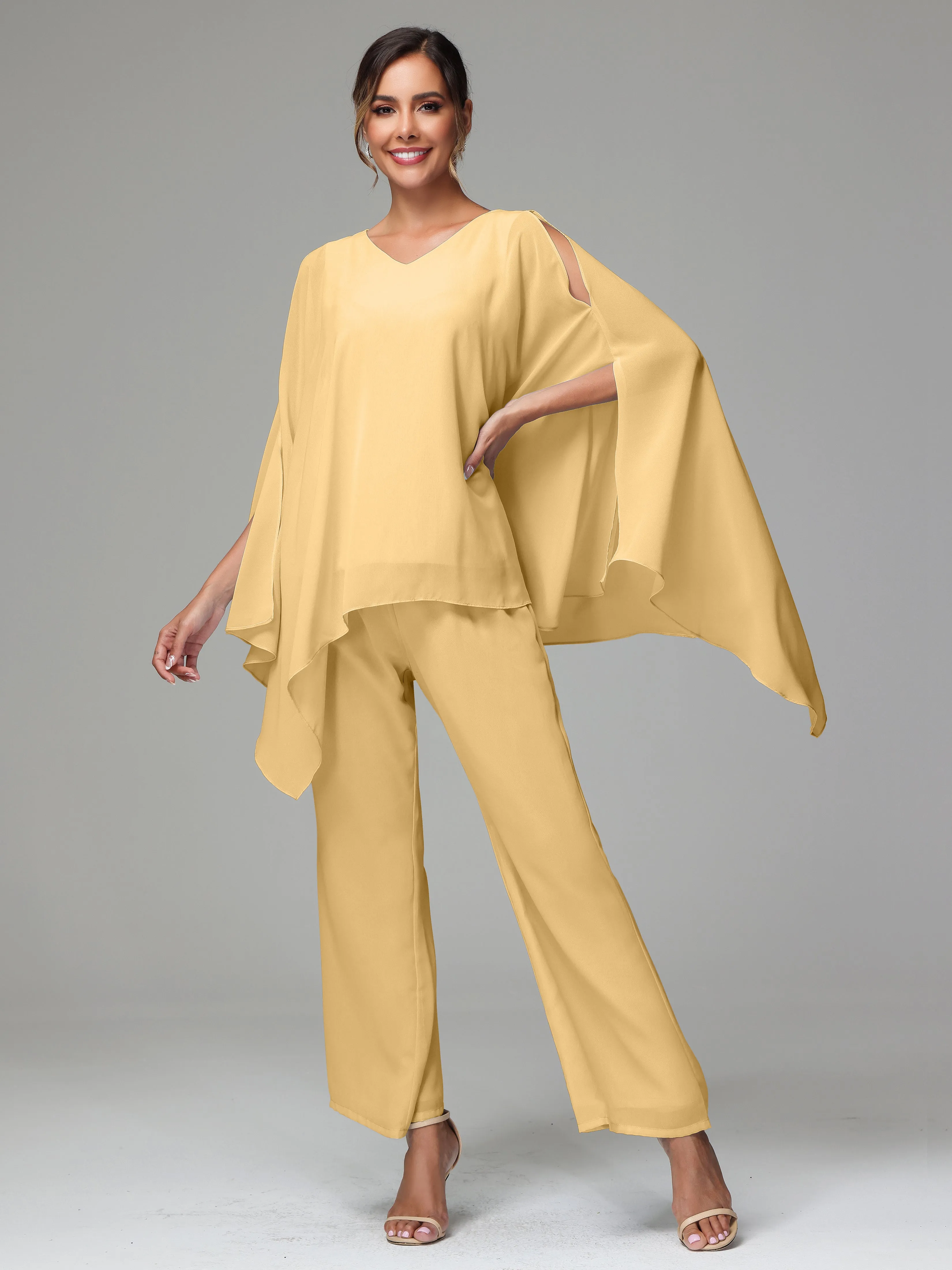 2 Pieces Flowy Split Sleeves Chiffon Mother Of The Bride Dress Pants Suits