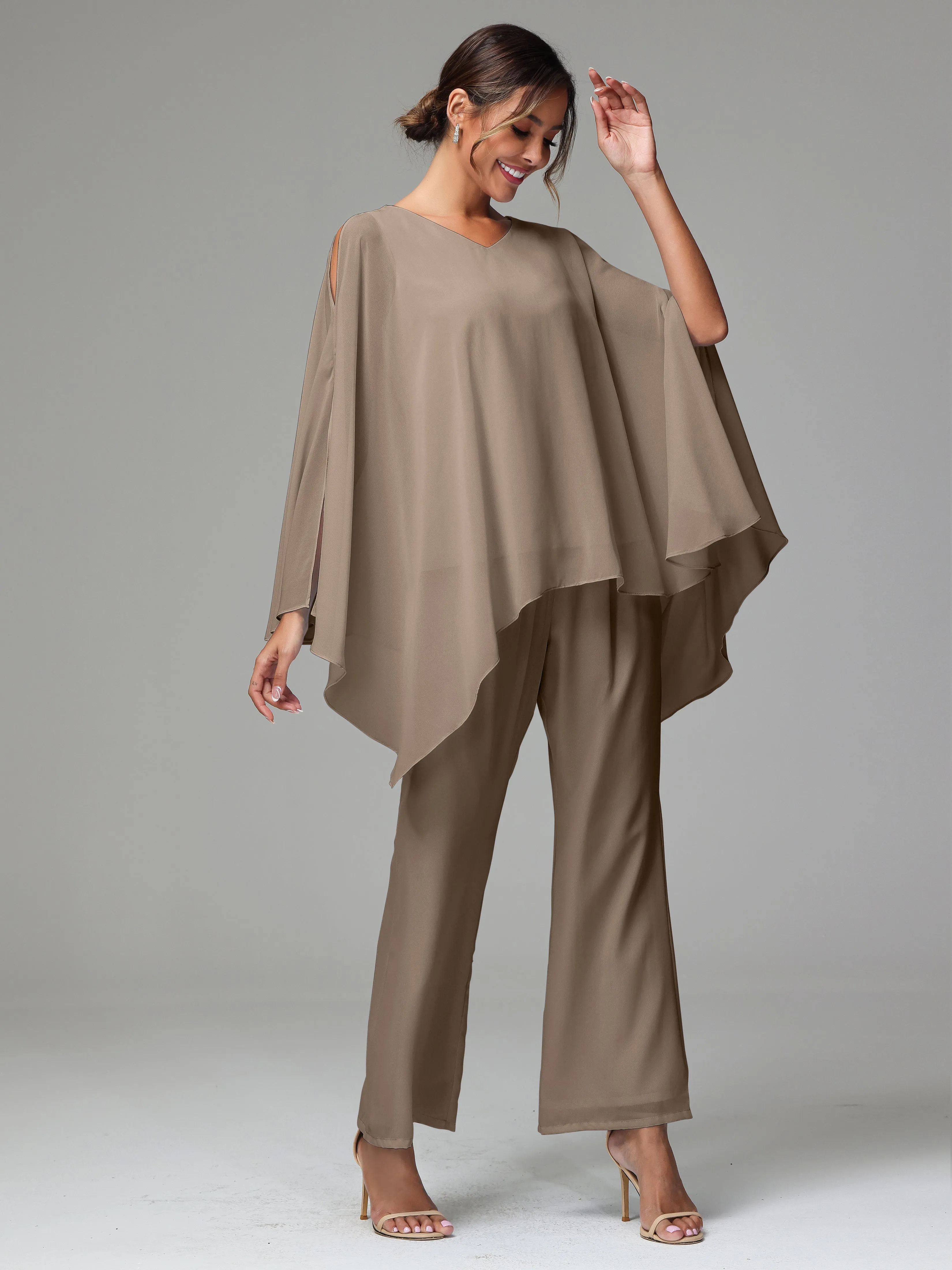 2 Pieces Flowy Split Sleeves Chiffon Mother Of The Bride Dress Pants Suits