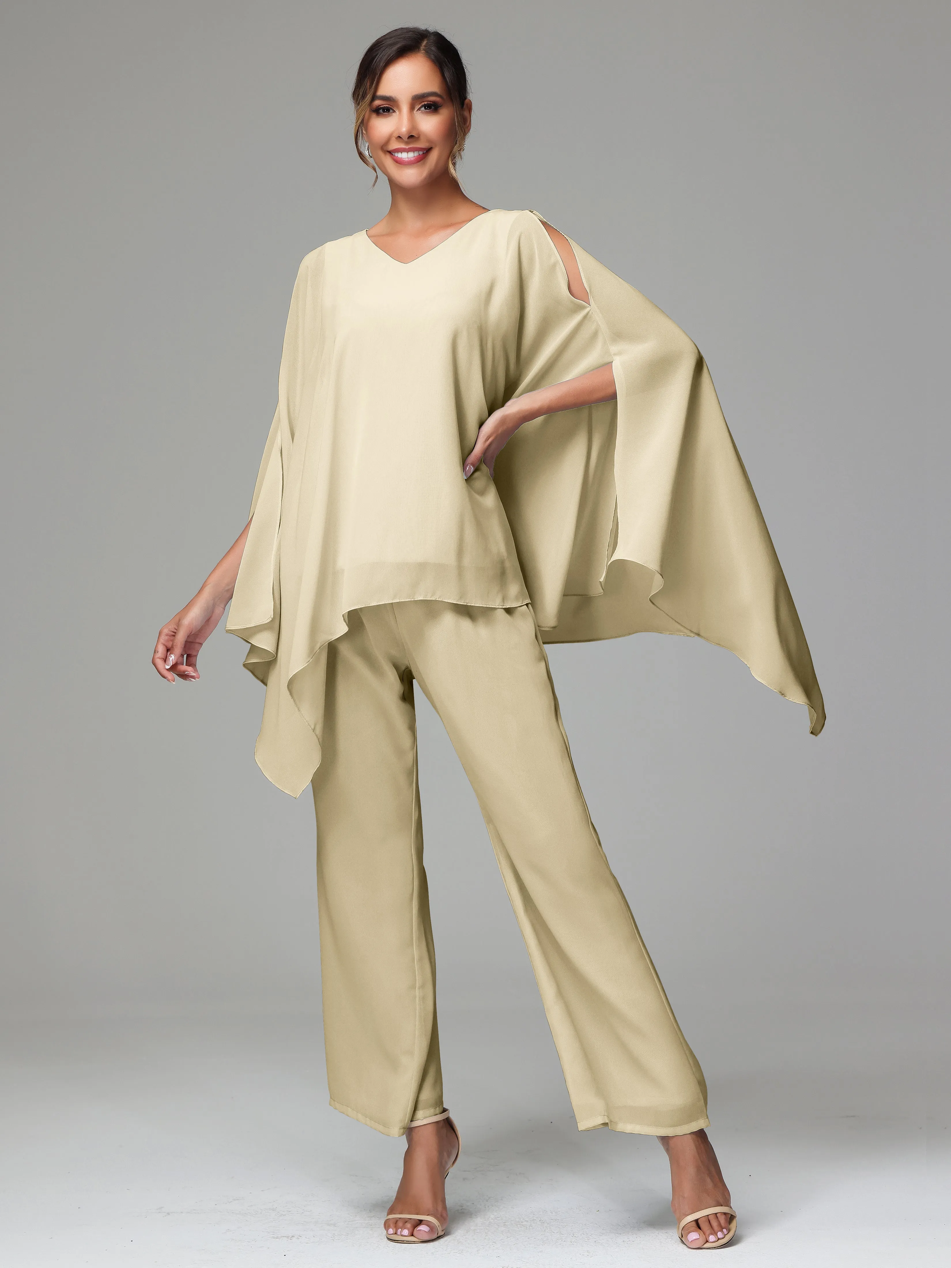 2 Pieces Flowy Split Sleeves Chiffon Mother Of The Bride Dress Pants Suits