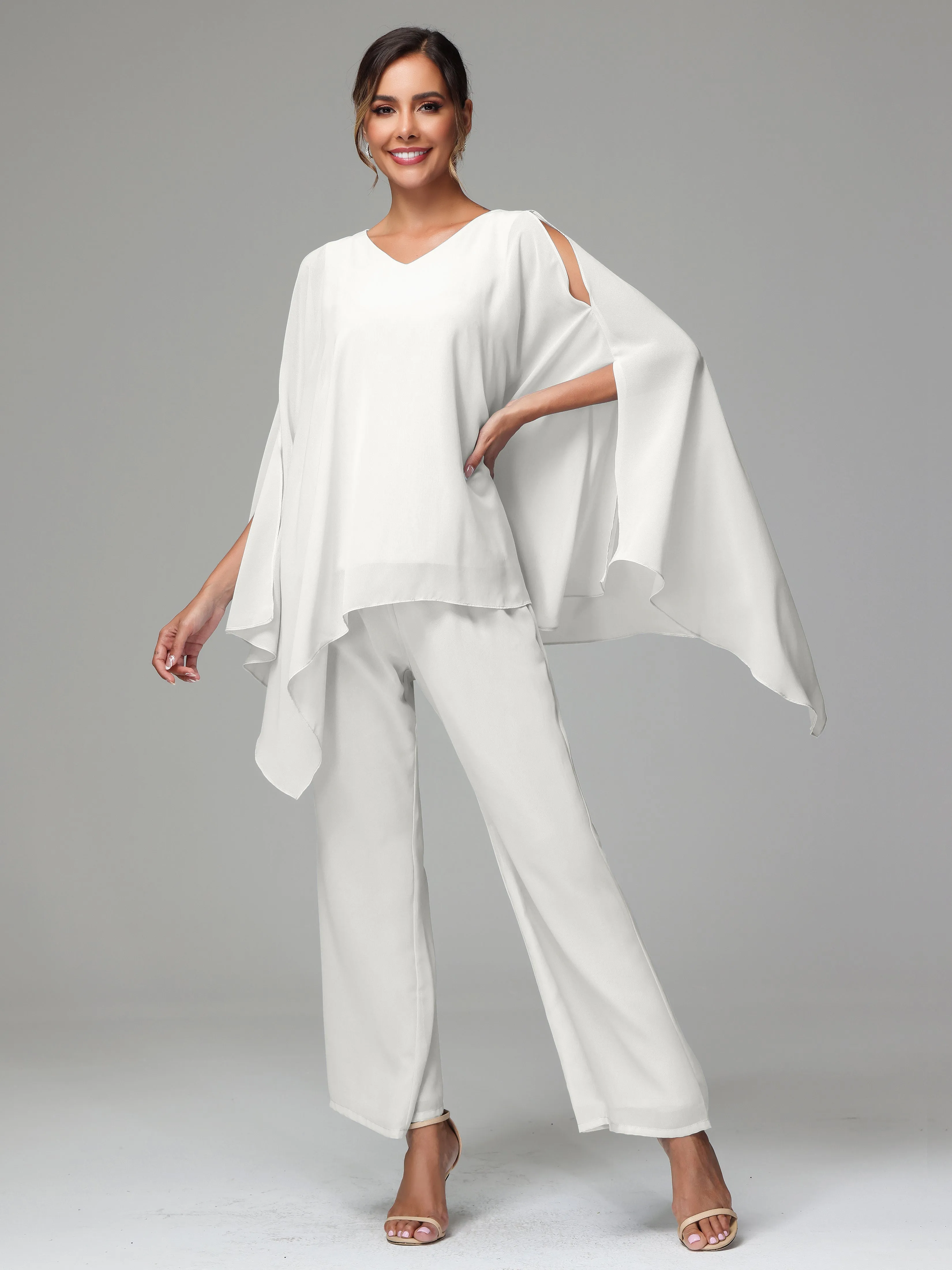 2 Pieces Flowy Split Sleeves Chiffon Mother Of The Bride Dress Pants Suits