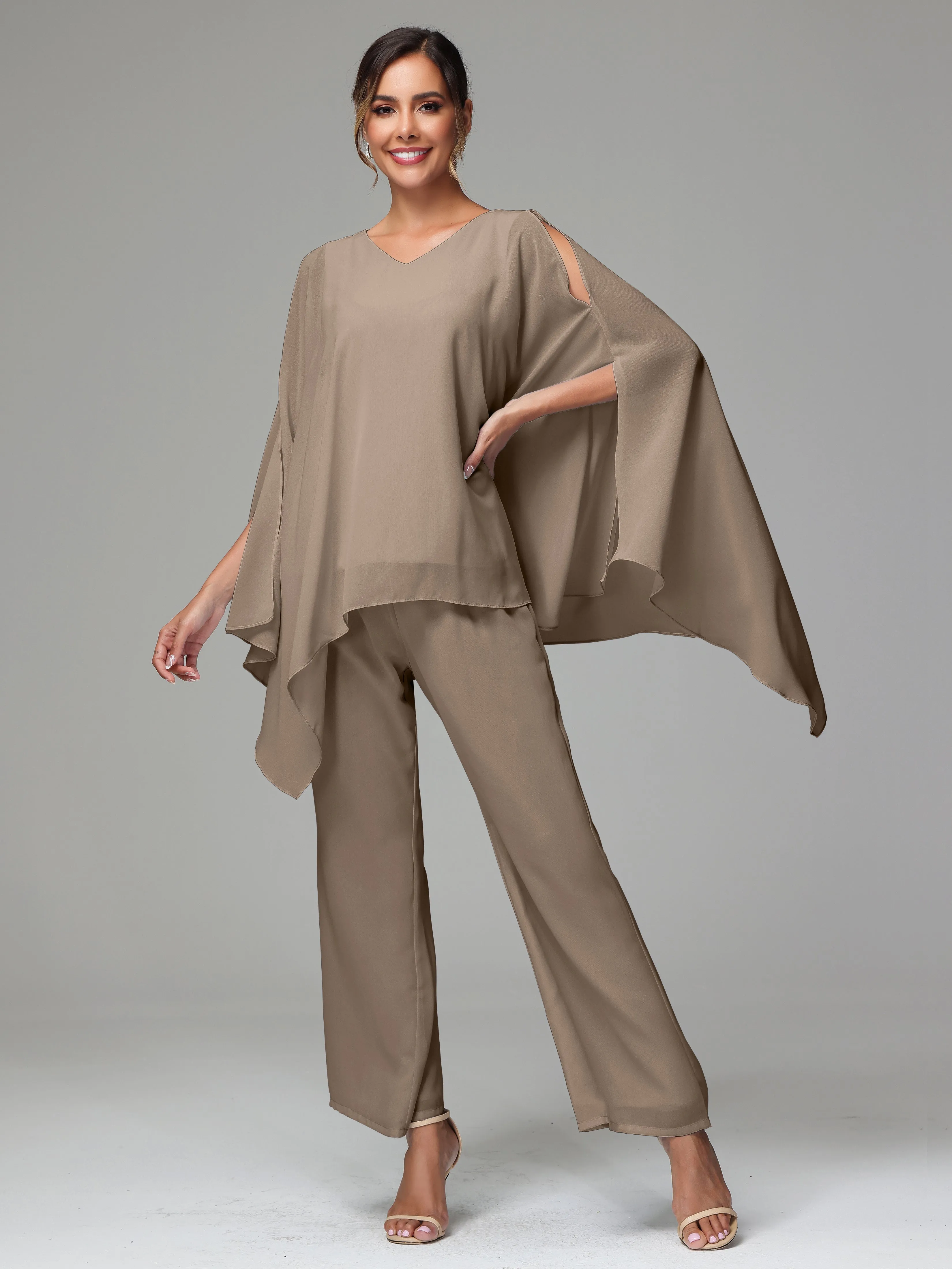 2 Pieces Flowy Split Sleeves Chiffon Mother Of The Bride Dress Pants Suits