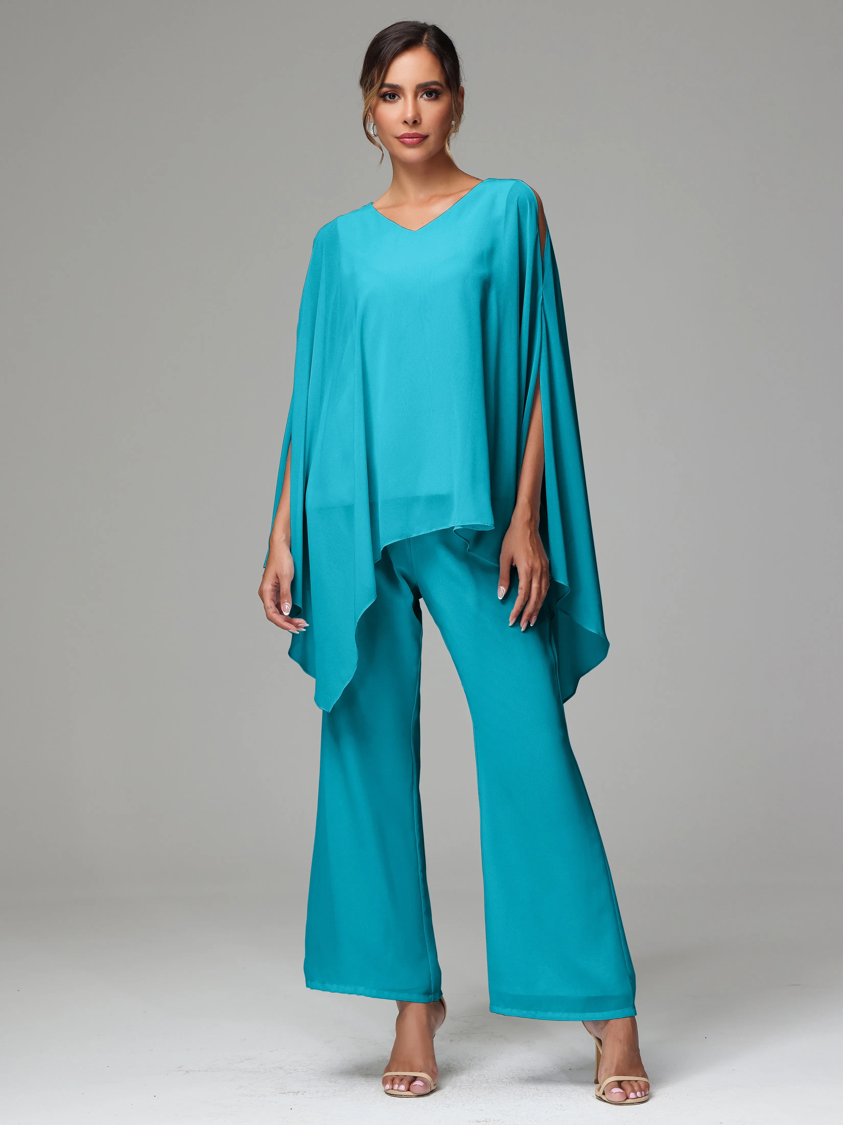 2 Pieces Flowy Split Sleeves Chiffon Mother Of The Bride Dress Pants Suits