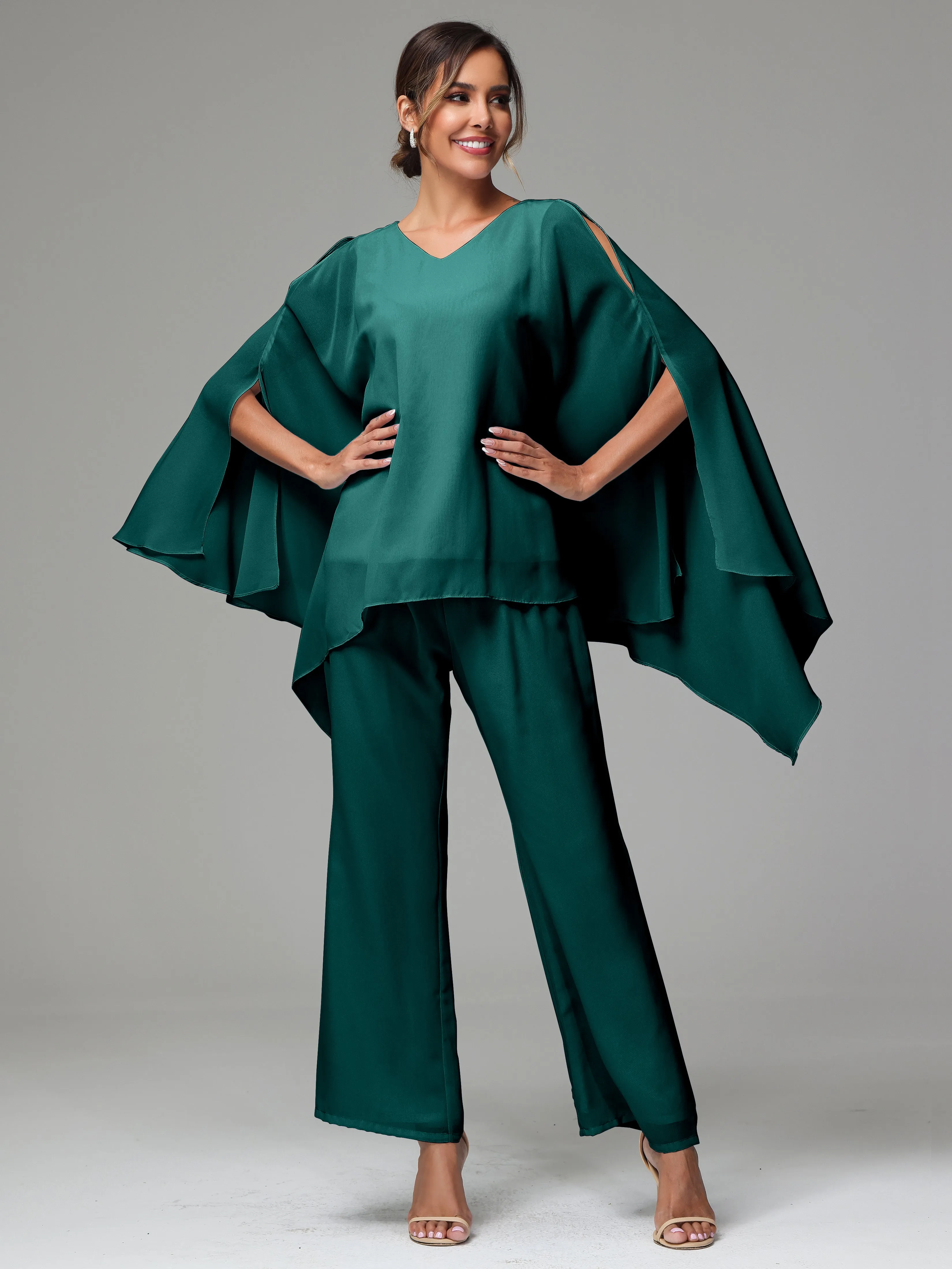 2 Pieces Flowy Split Sleeves Chiffon Mother Of The Bride Dress Pants Suits