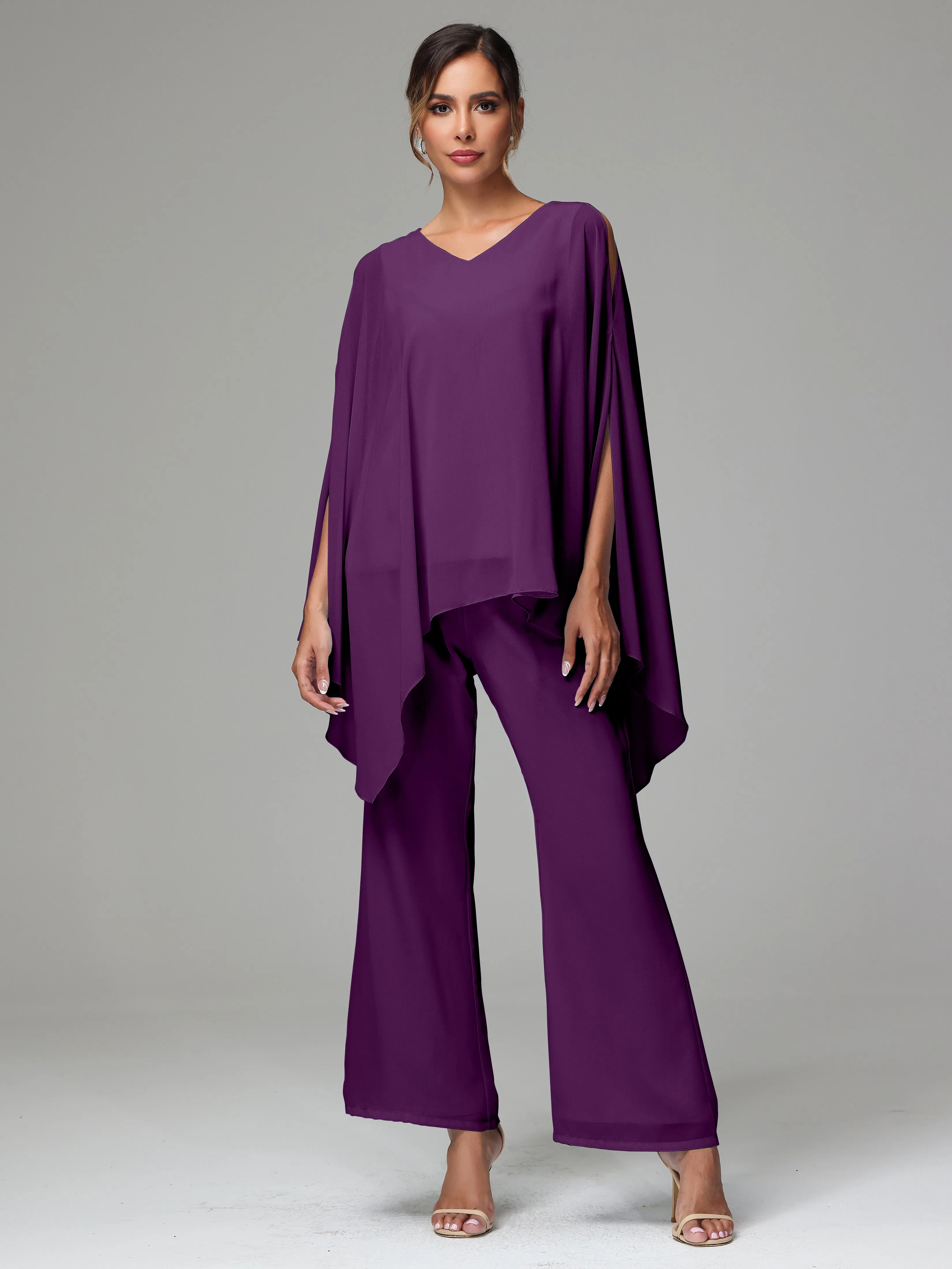 2 Pieces Flowy Split Sleeves Chiffon Mother Of The Bride Dress Pants Suits