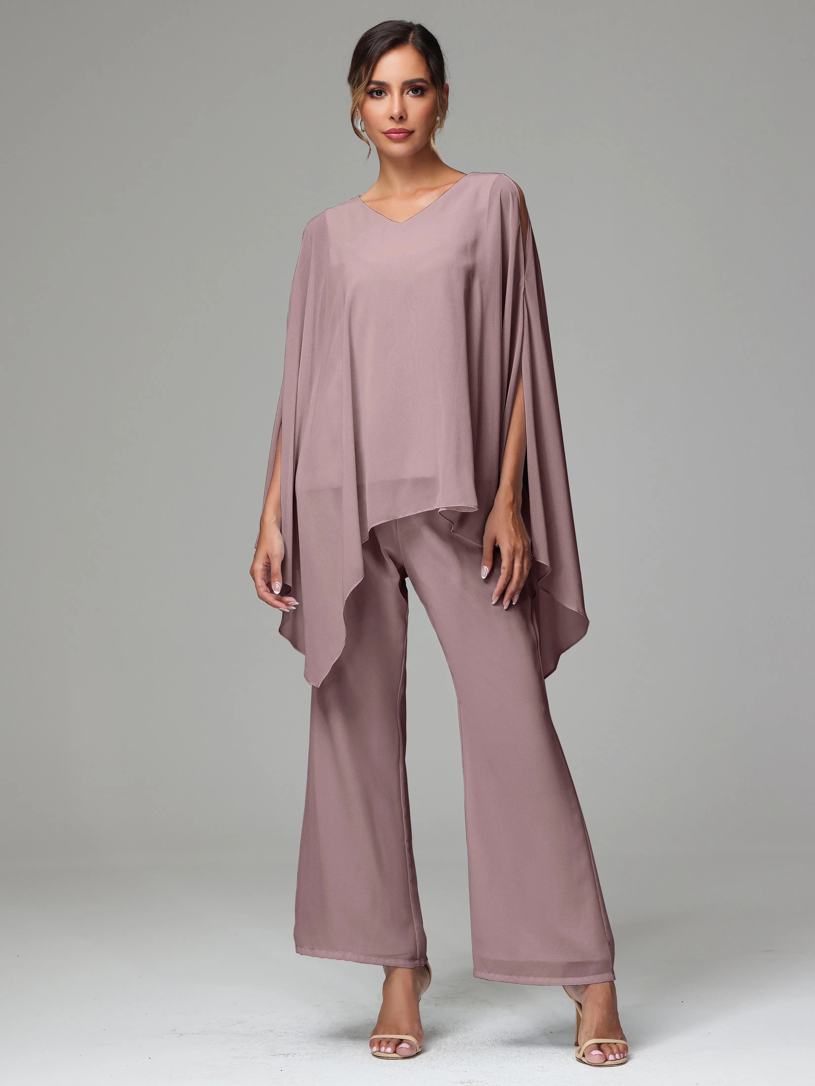 2 Pieces Flowy Split Sleeves Chiffon Mother Of The Bride Dress Pants Suits