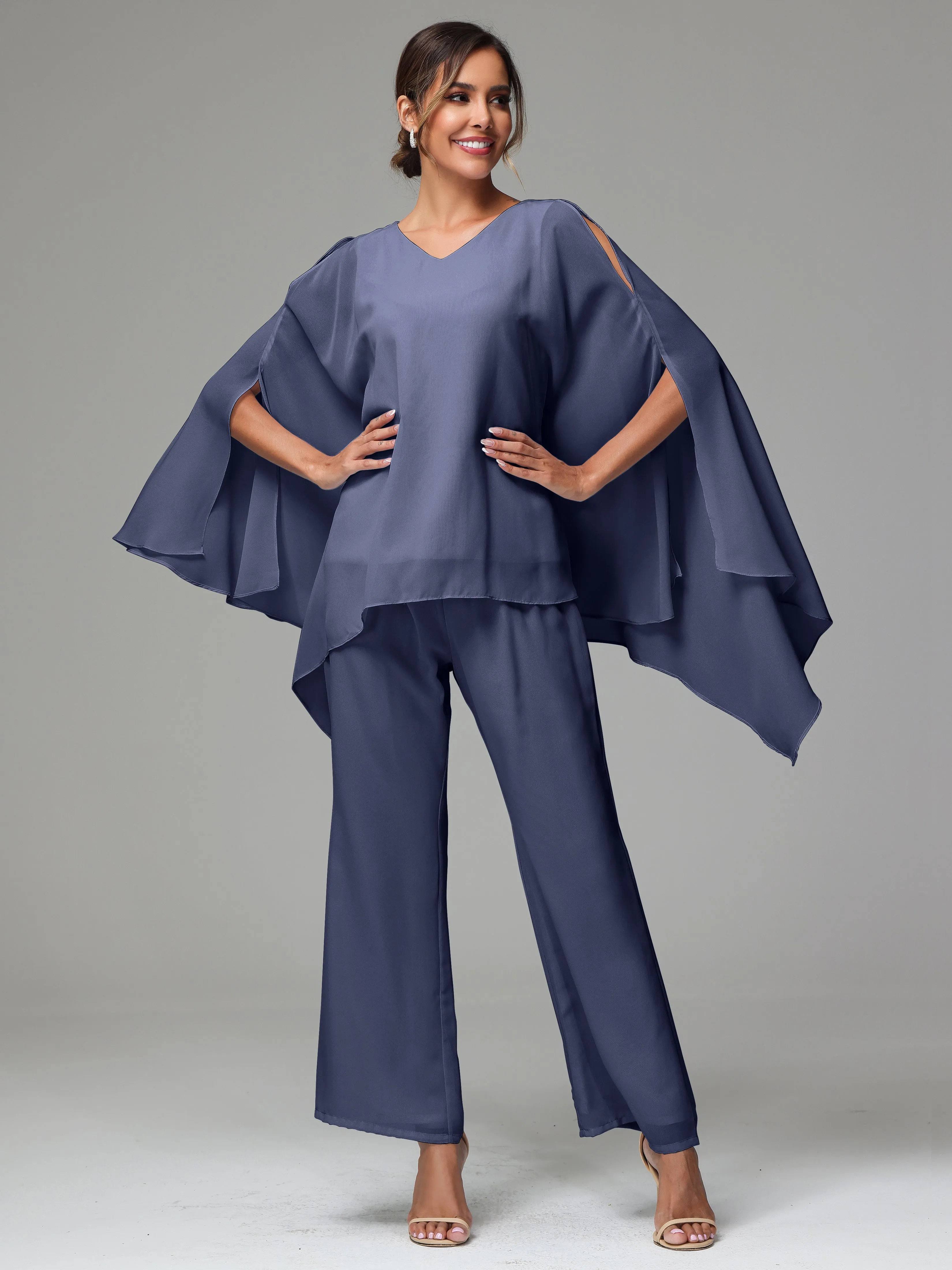 2 Pieces Flowy Split Sleeves Chiffon Mother Of The Bride Dress Pants Suits