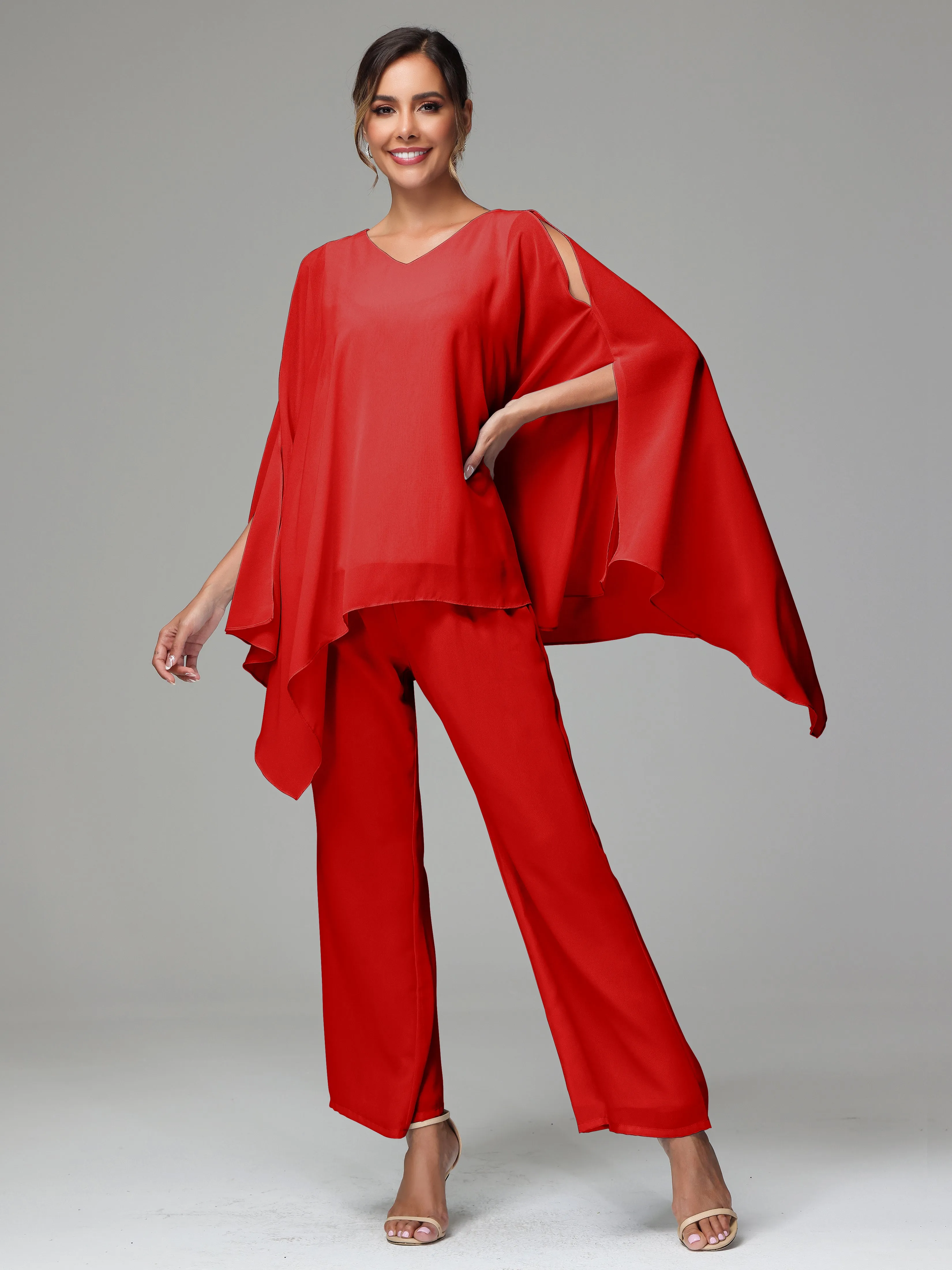 2 Pieces Flowy Split Sleeves Chiffon Mother Of The Bride Dress Pants Suits