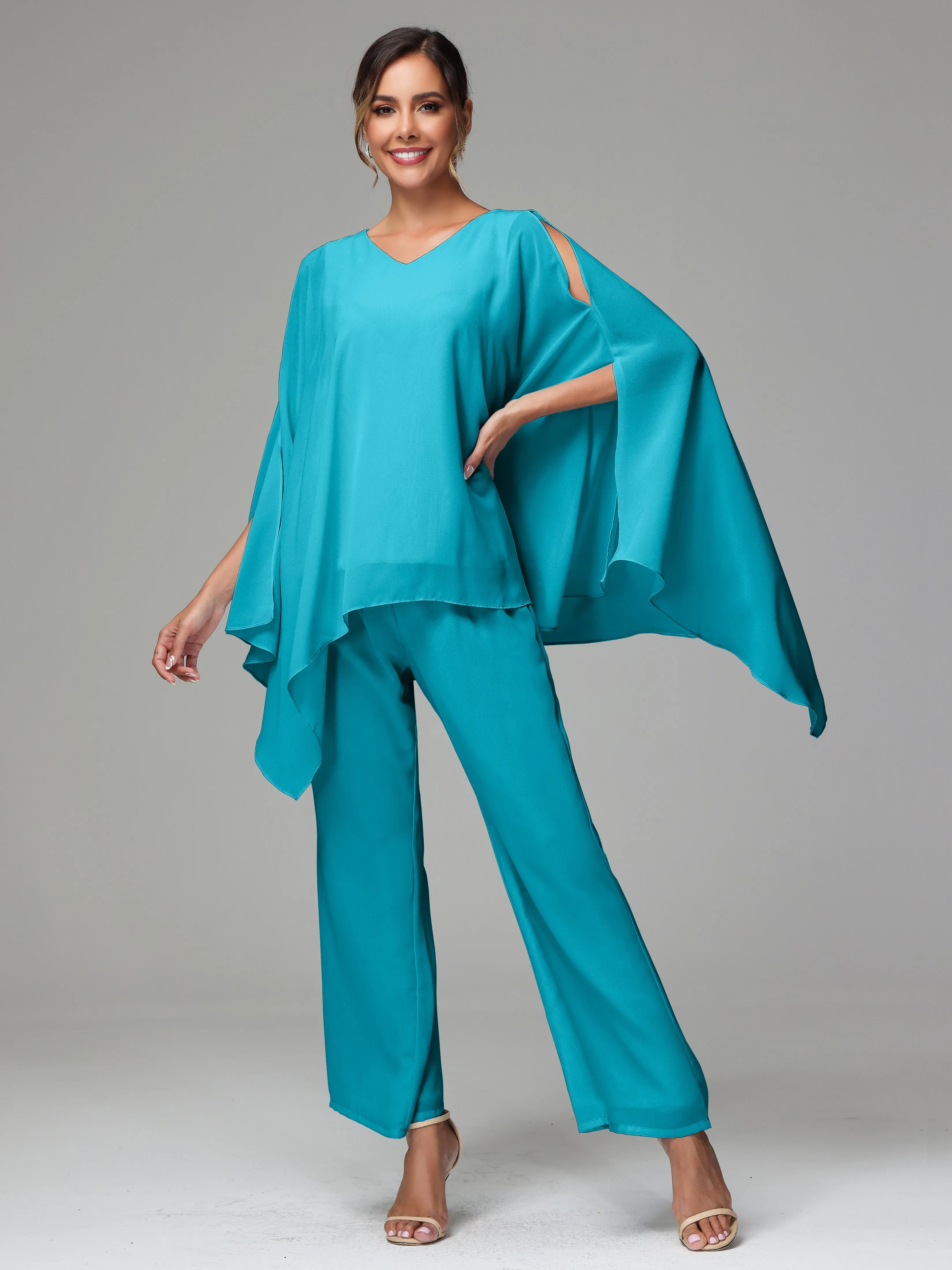 2 Pieces Flowy Split Sleeves Chiffon Mother Of The Bride Dress Pants Suits