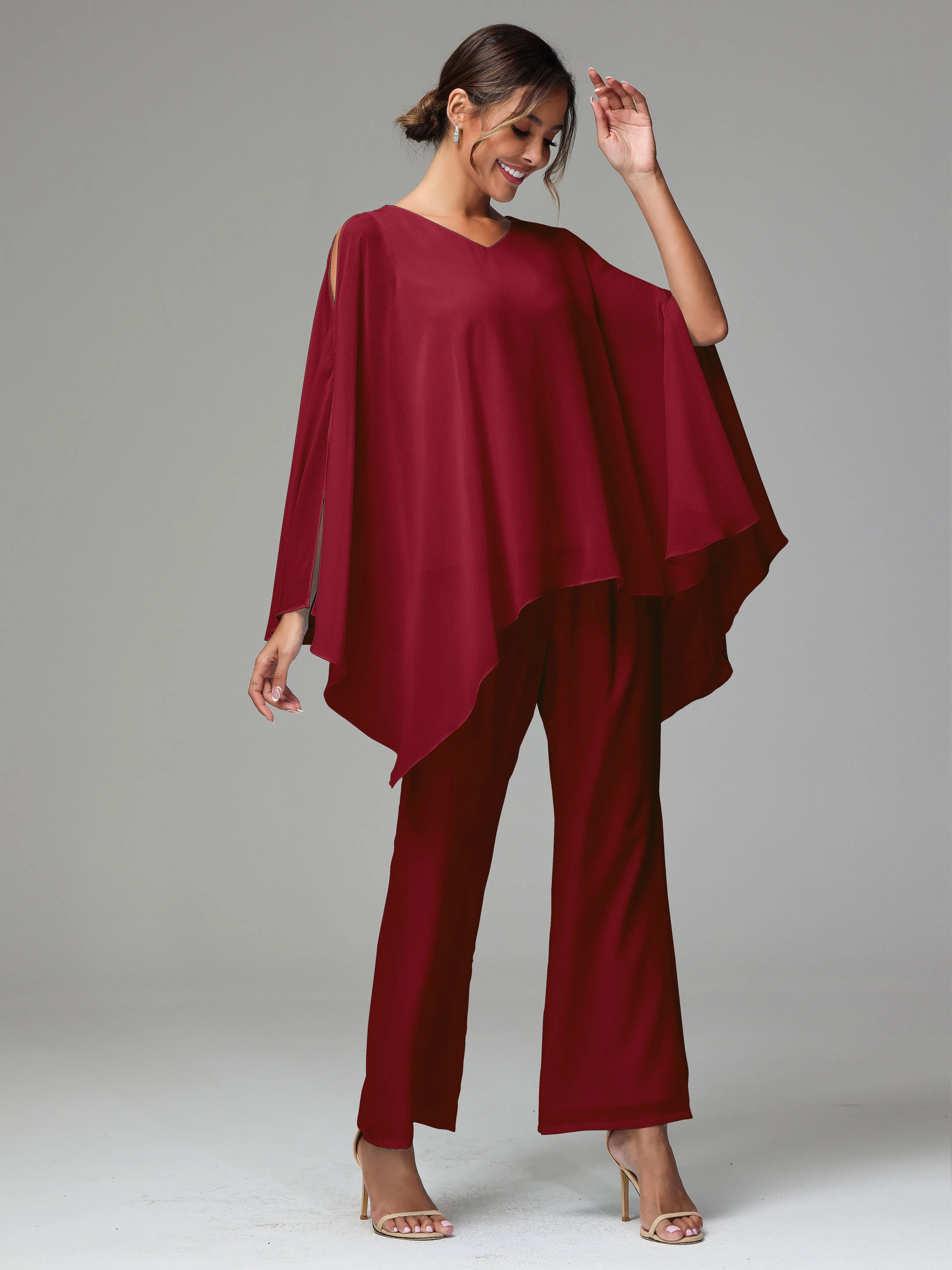 2 Pieces Flowy Split Sleeves Chiffon Mother Of The Bride Dress Pants Suits