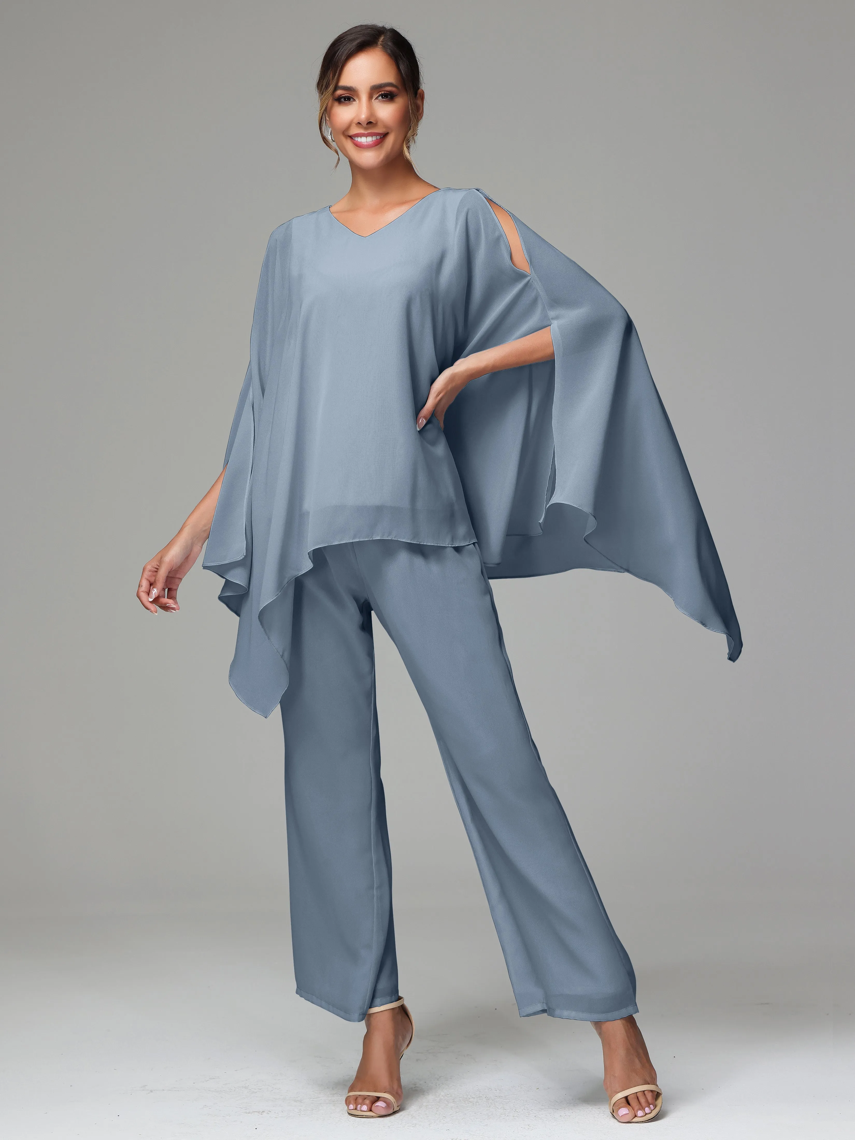 2 Pieces Flowy Split Sleeves Chiffon Mother Of The Bride Dress Pants Suits
