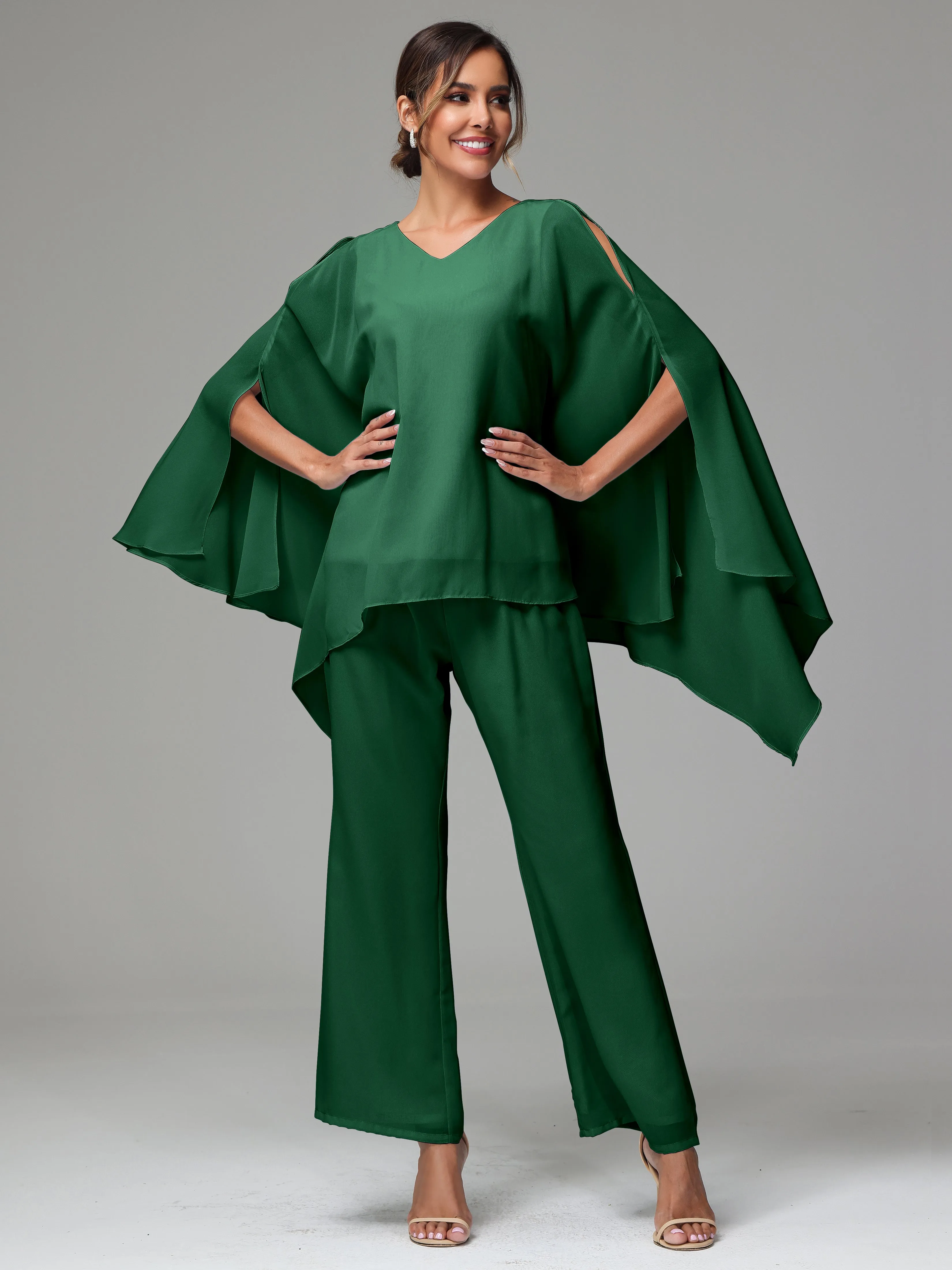 2 Pieces Flowy Split Sleeves Chiffon Mother Of The Bride Dress Pants Suits