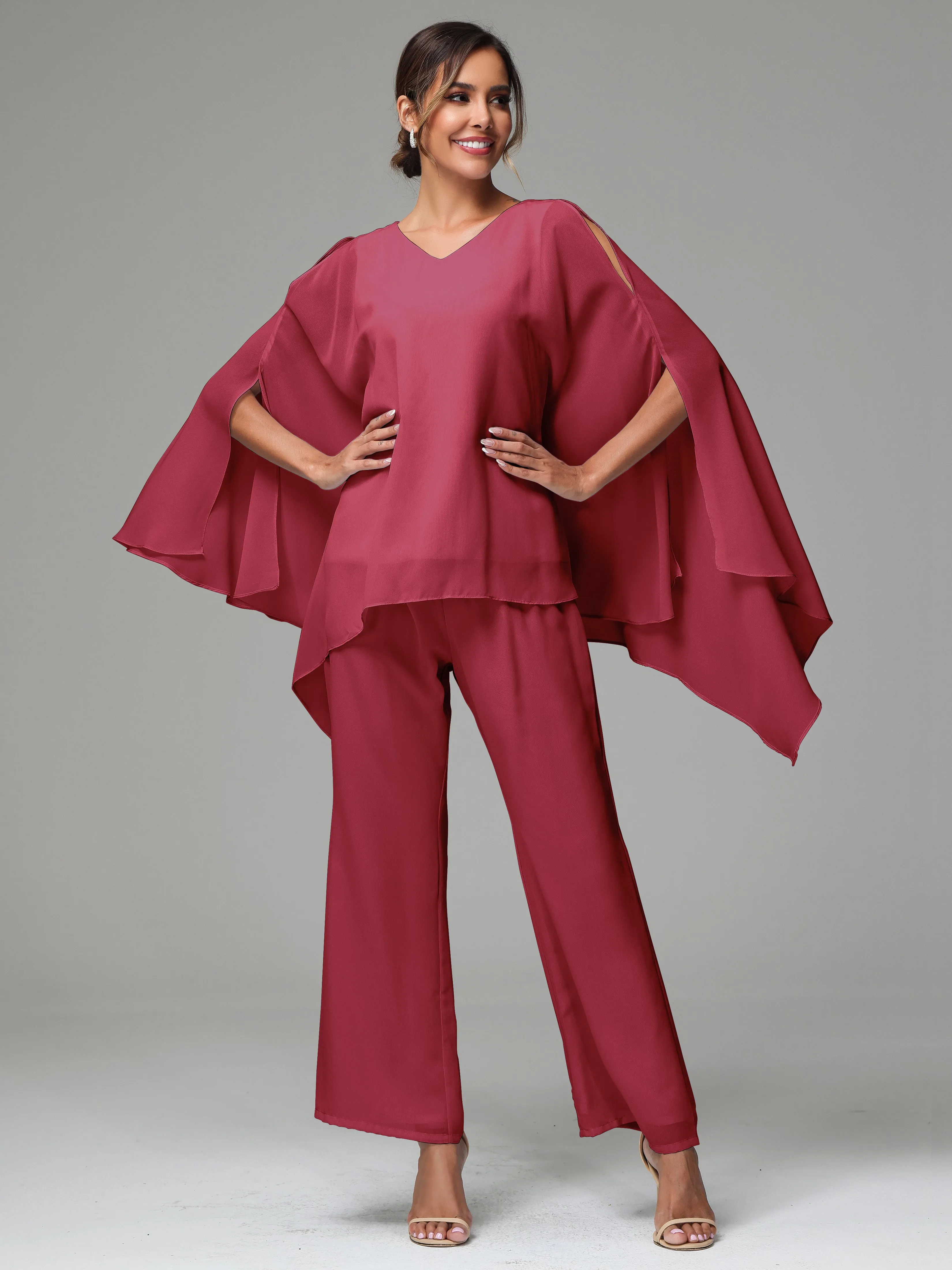 2 Pieces Flowy Split Sleeves Chiffon Mother Of The Bride Dress Pants Suits