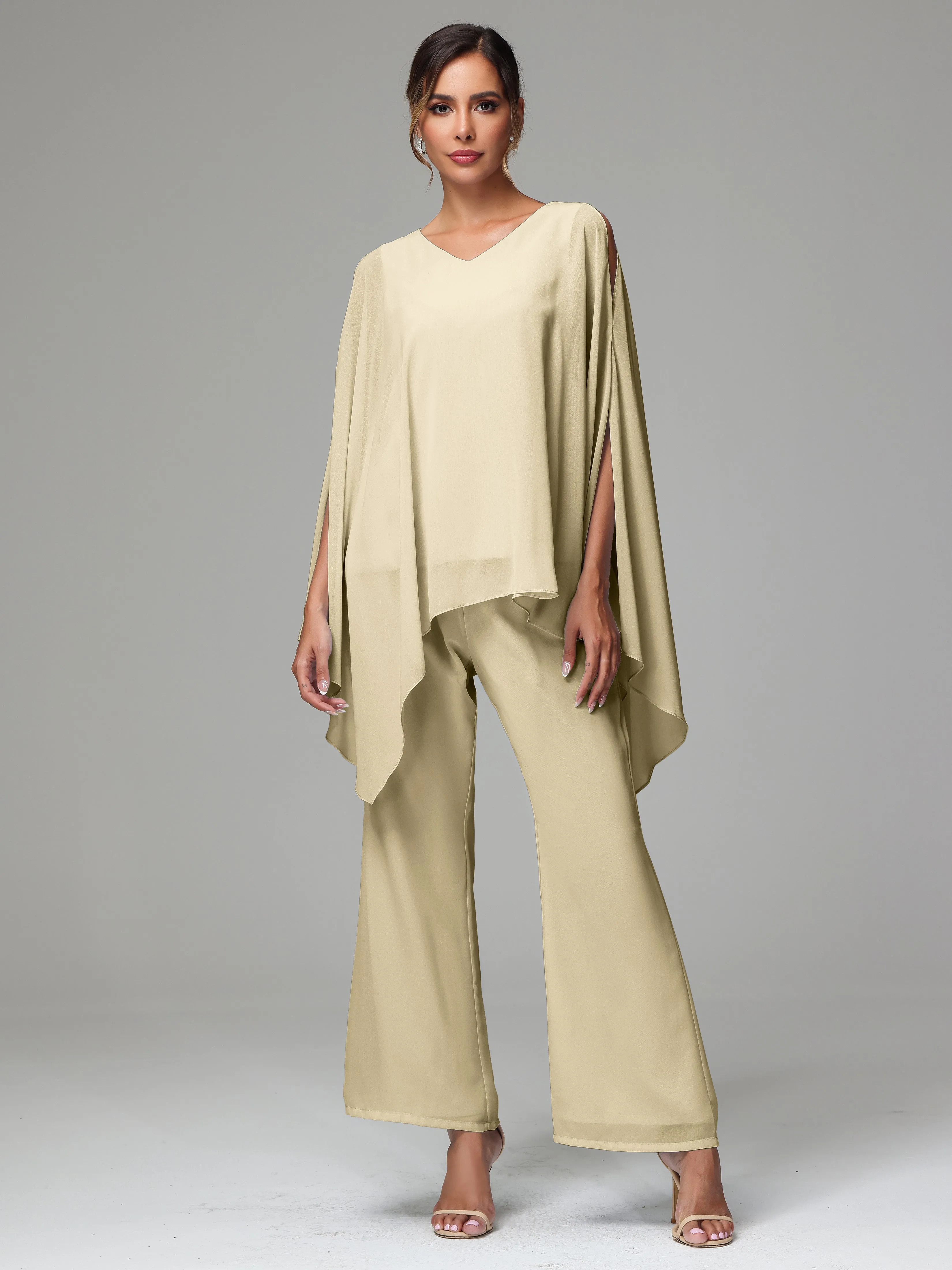 2 Pieces Flowy Split Sleeves Chiffon Mother Of The Bride Dress Pants Suits