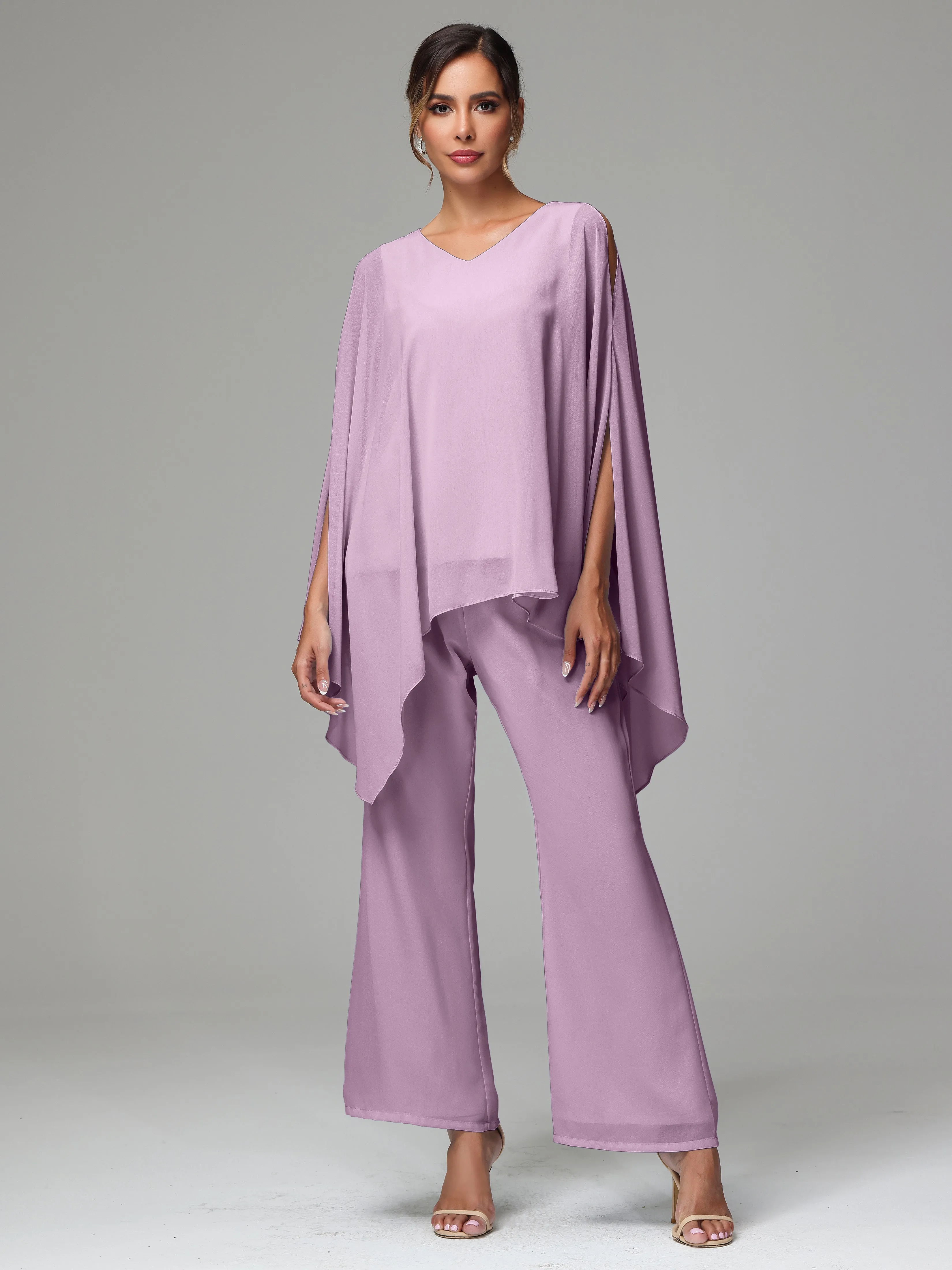 2 Pieces Flowy Split Sleeves Chiffon Mother Of The Bride Dress Pants Suits