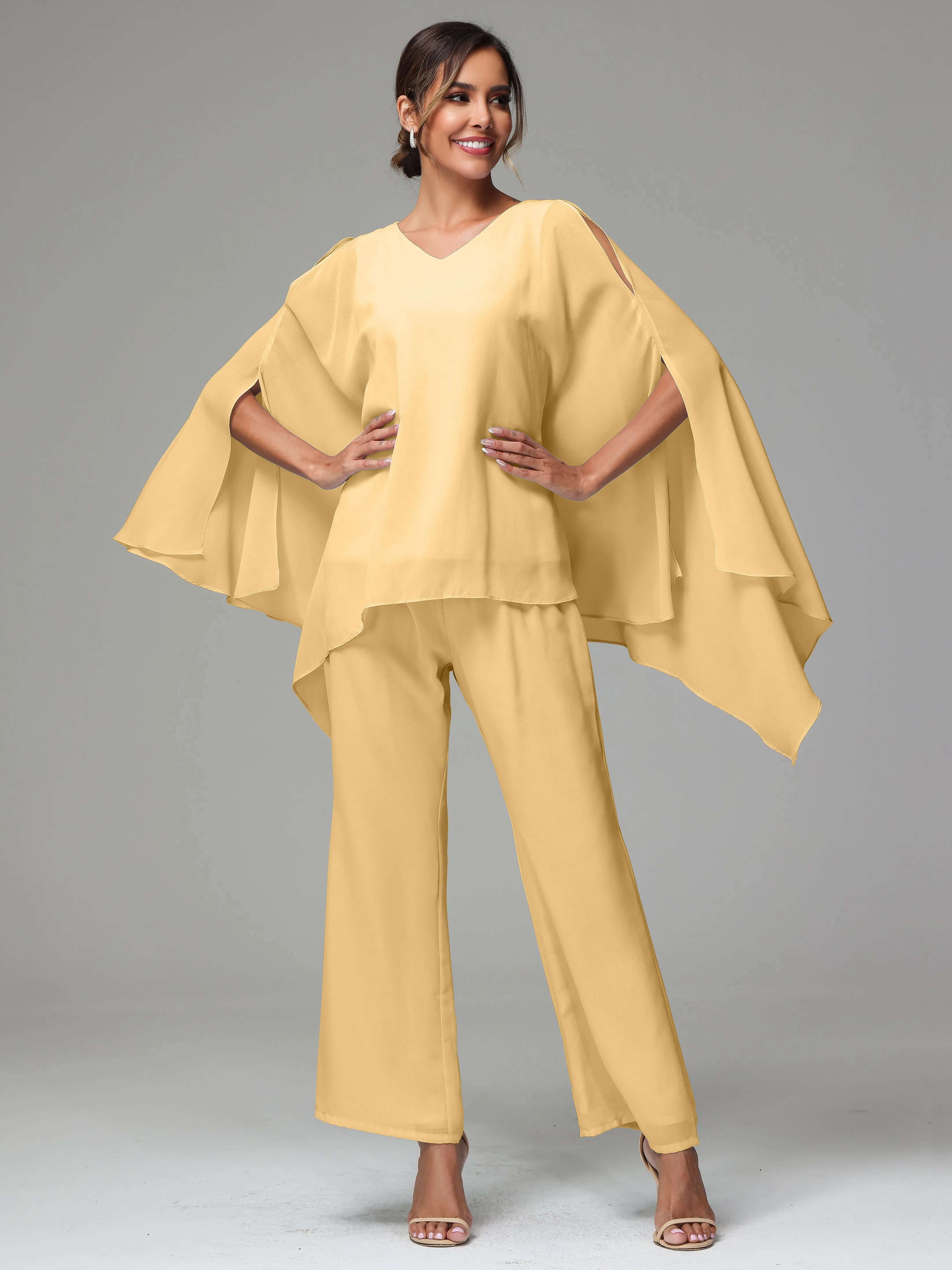 2 Pieces Flowy Split Sleeves Chiffon Mother Of The Bride Dress Pants Suits