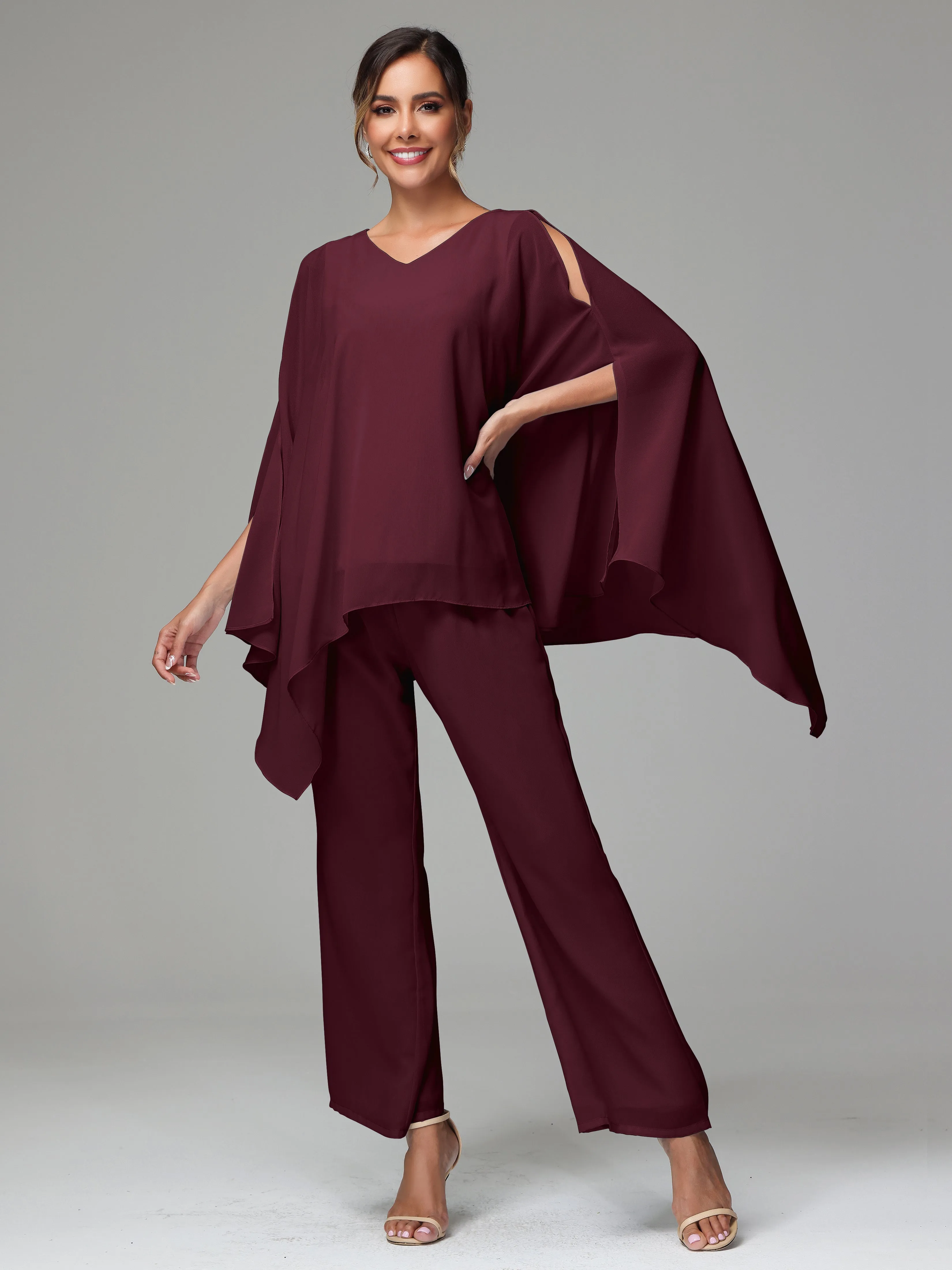 2 Pieces Flowy Split Sleeves Chiffon Mother Of The Bride Dress Pants Suits
