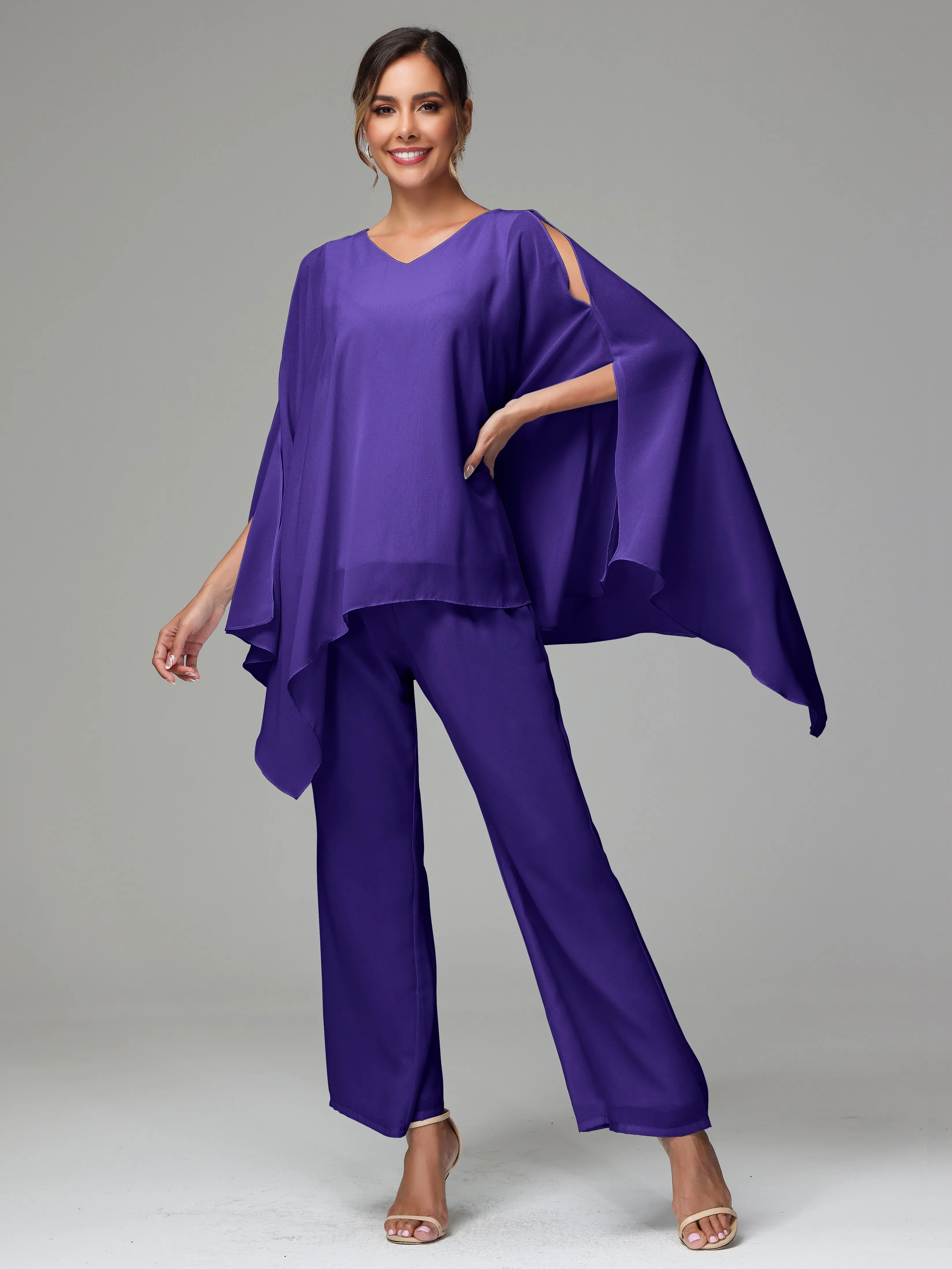 2 Pieces Flowy Split Sleeves Chiffon Mother Of The Bride Dress Pants Suits