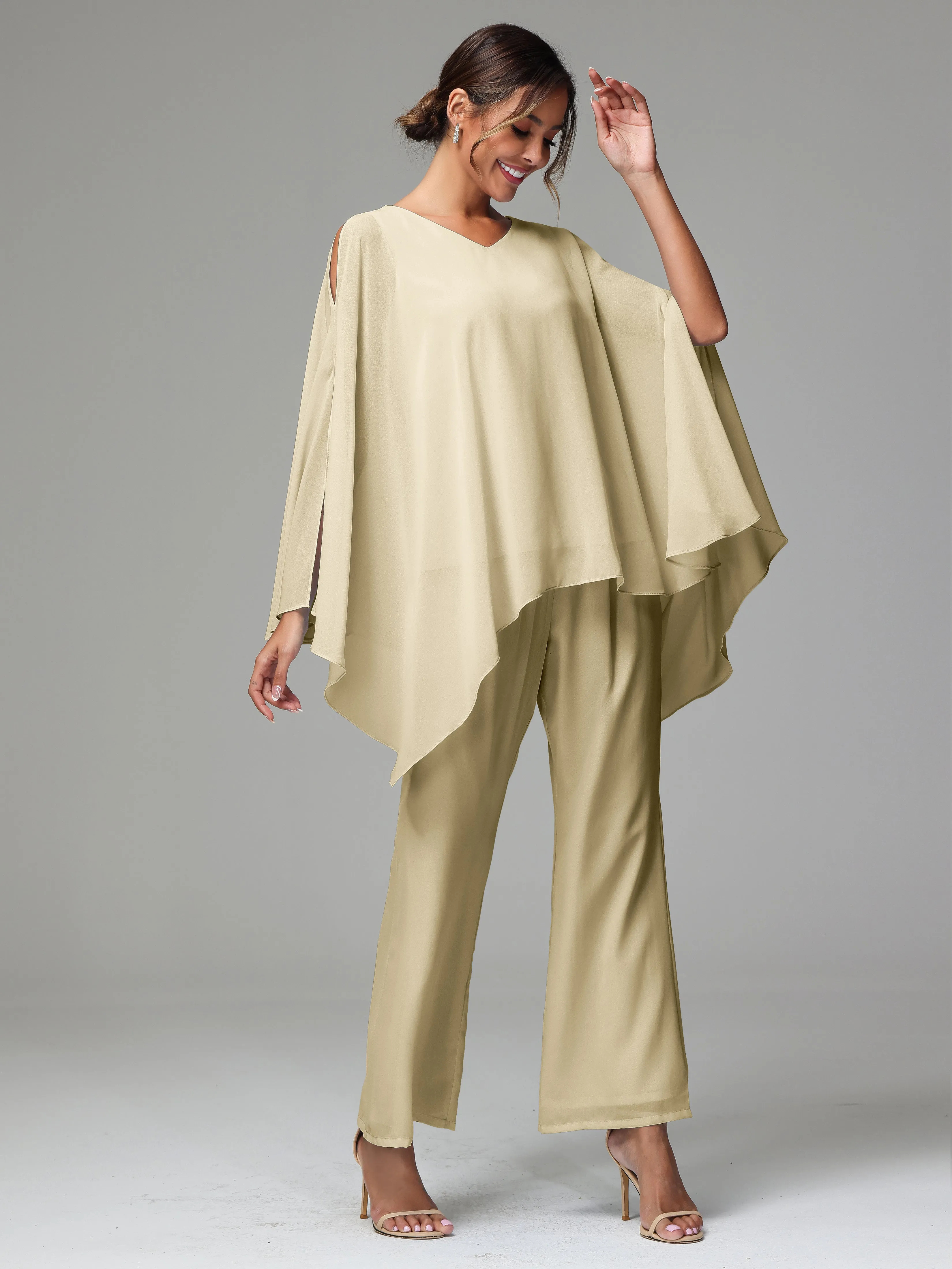 2 Pieces Flowy Split Sleeves Chiffon Mother Of The Bride Dress Pants Suits