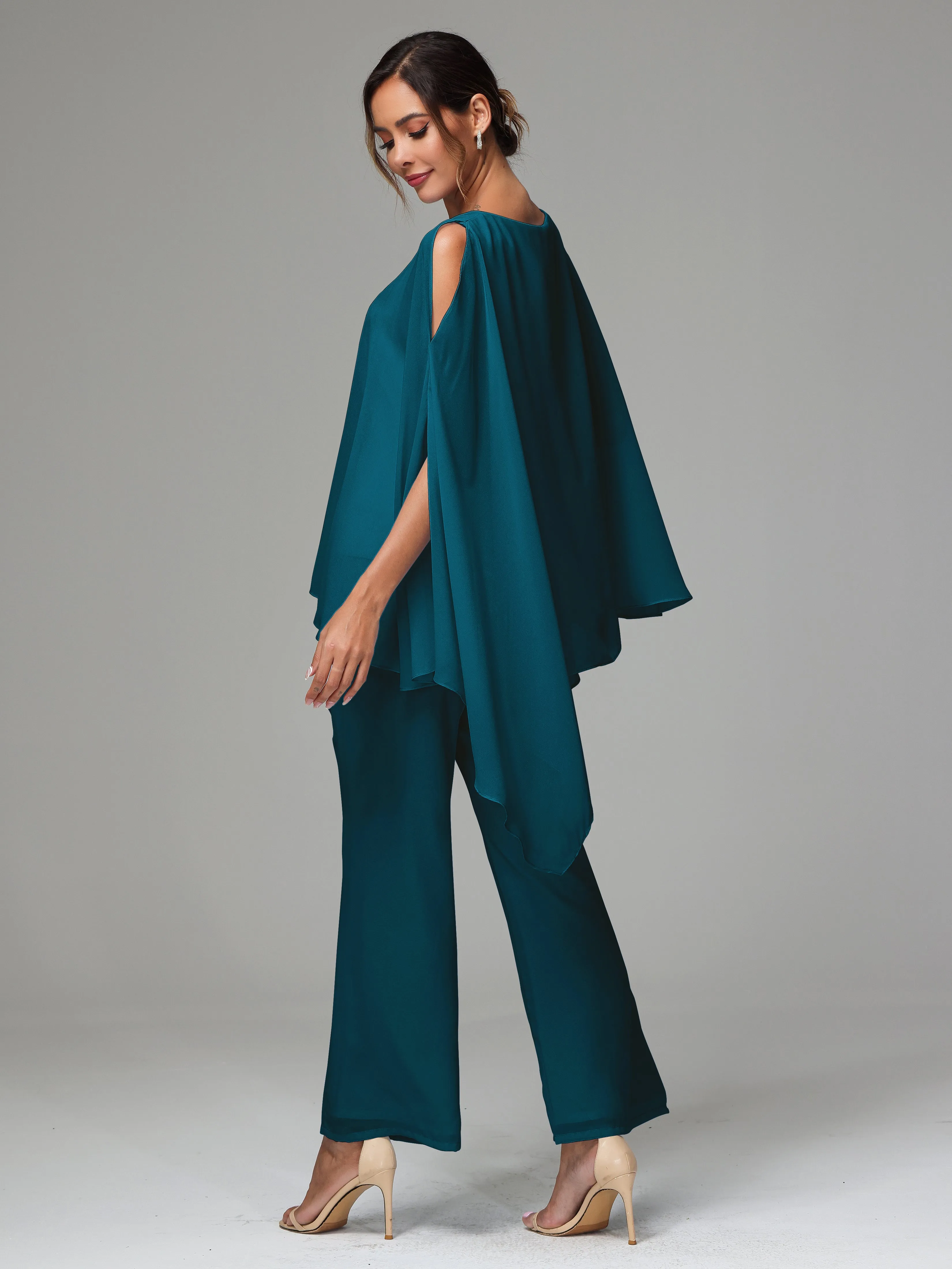 2 Pieces Flowy Split Sleeves Chiffon Mother Of The Bride Dress Pants Suits