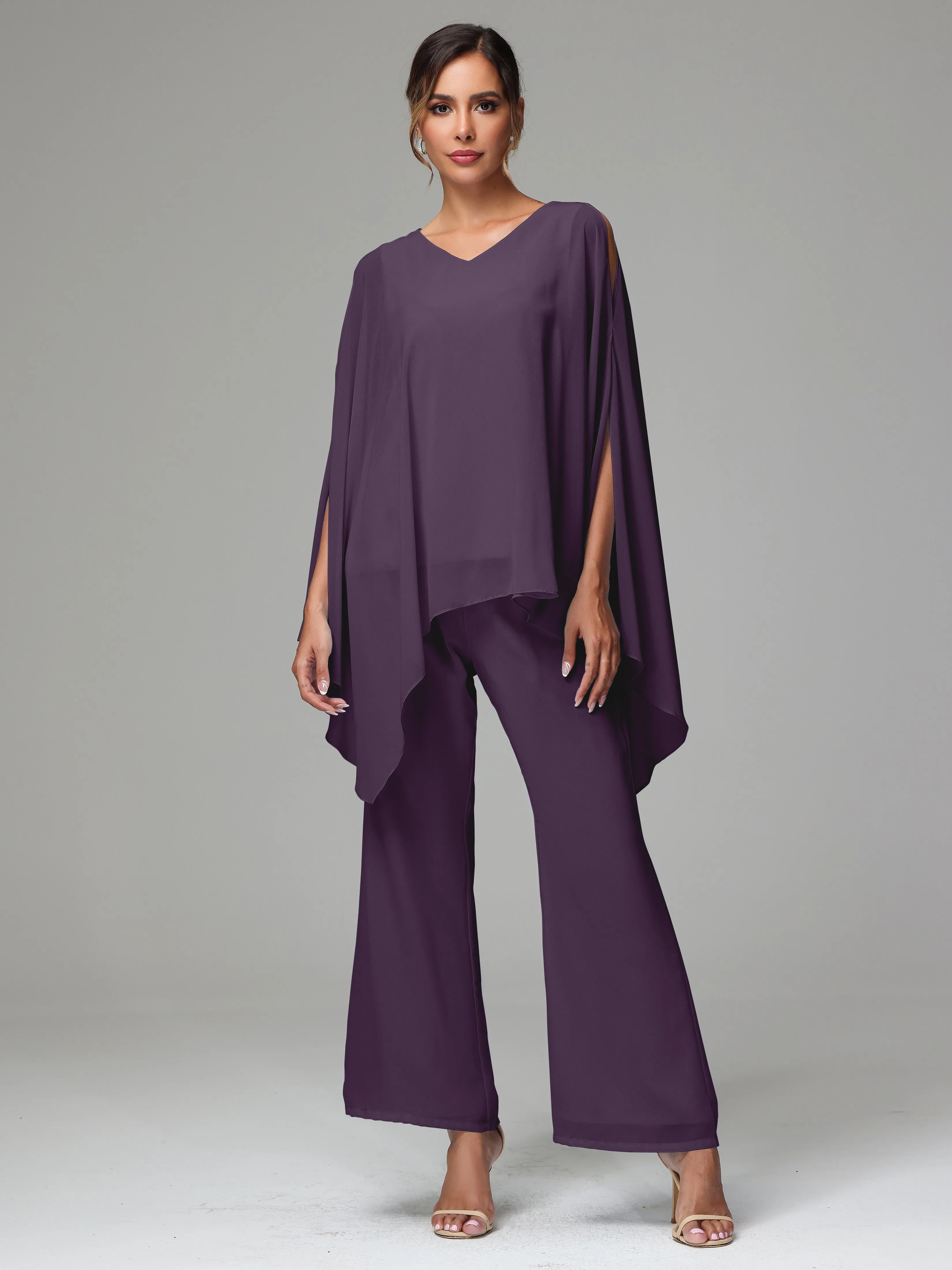 2 Pieces Flowy Split Sleeves Chiffon Mother Of The Bride Dress Pants Suits