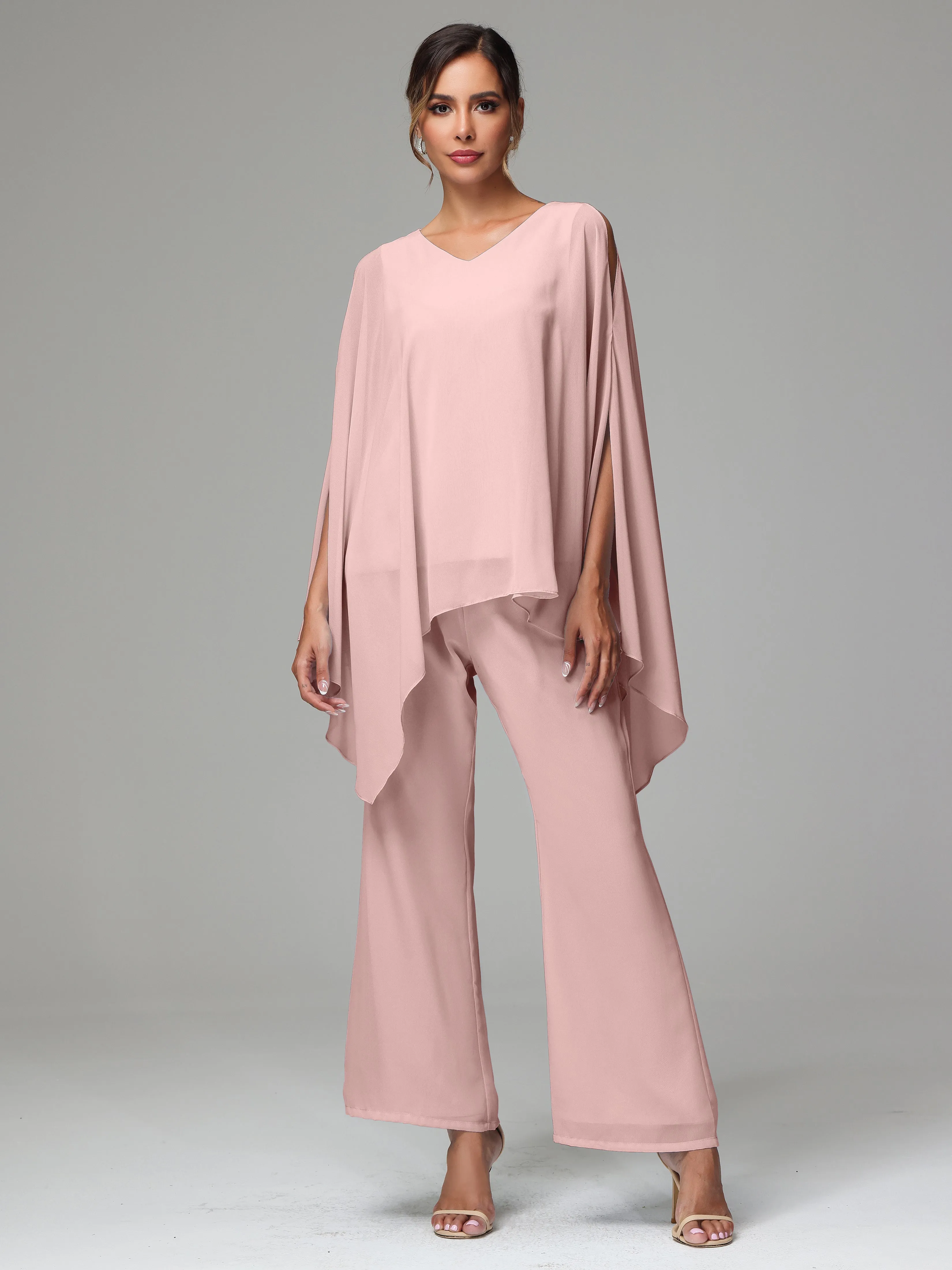 2 Pieces Flowy Split Sleeves Chiffon Mother Of The Bride Dress Pants Suits