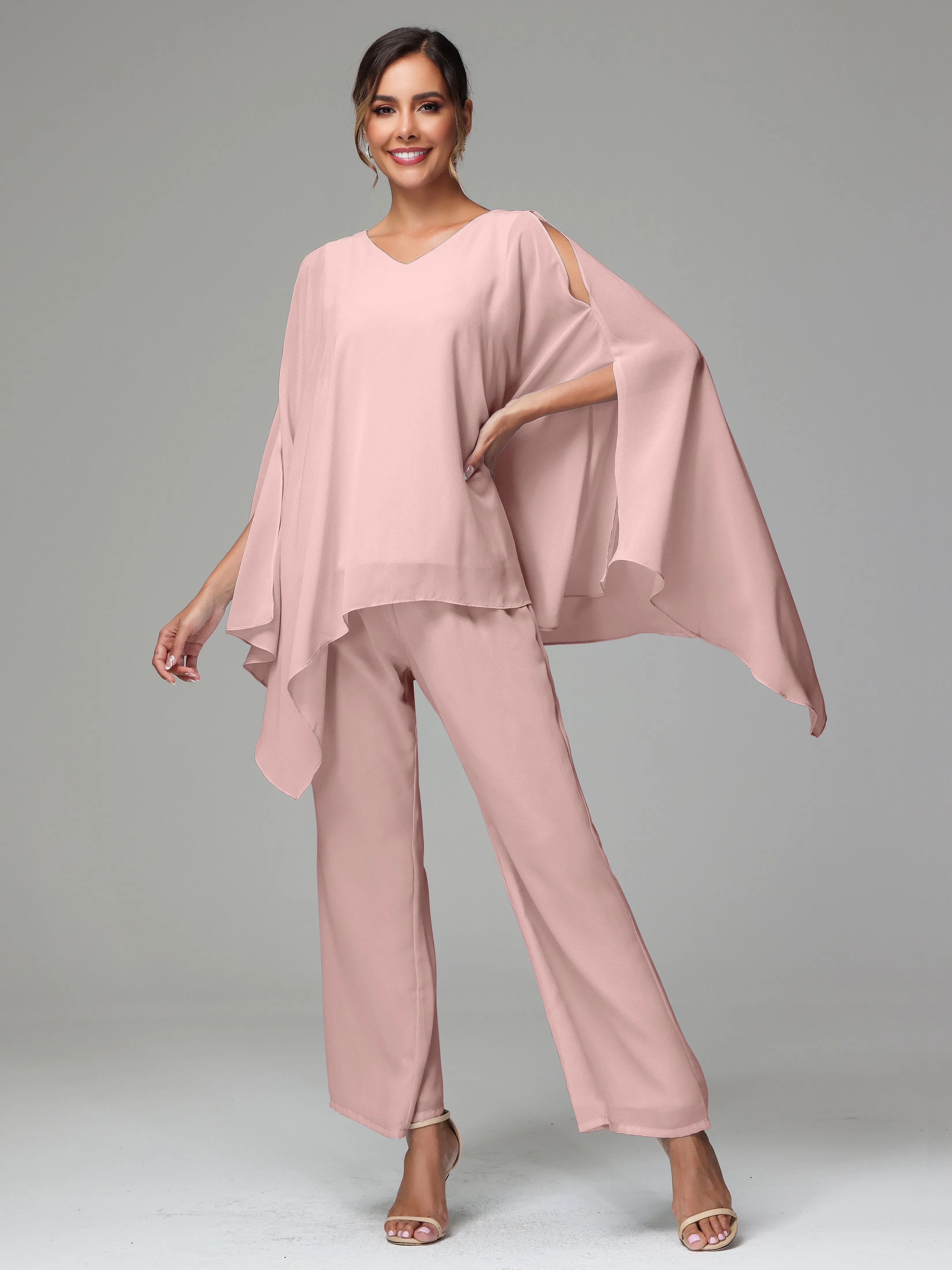 2 Pieces Flowy Split Sleeves Chiffon Mother Of The Bride Dress Pants Suits