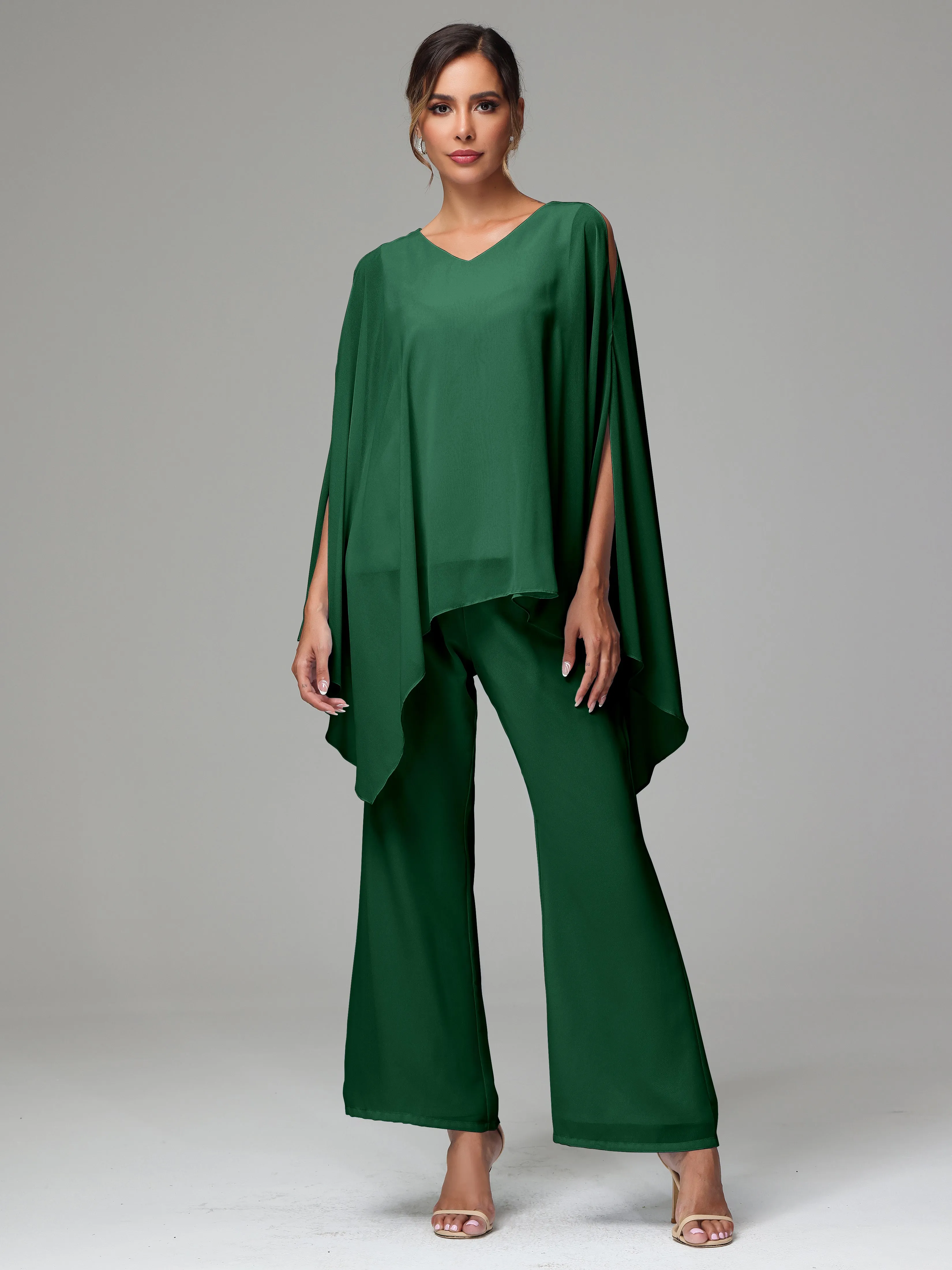 2 Pieces Flowy Split Sleeves Chiffon Mother Of The Bride Dress Pants Suits