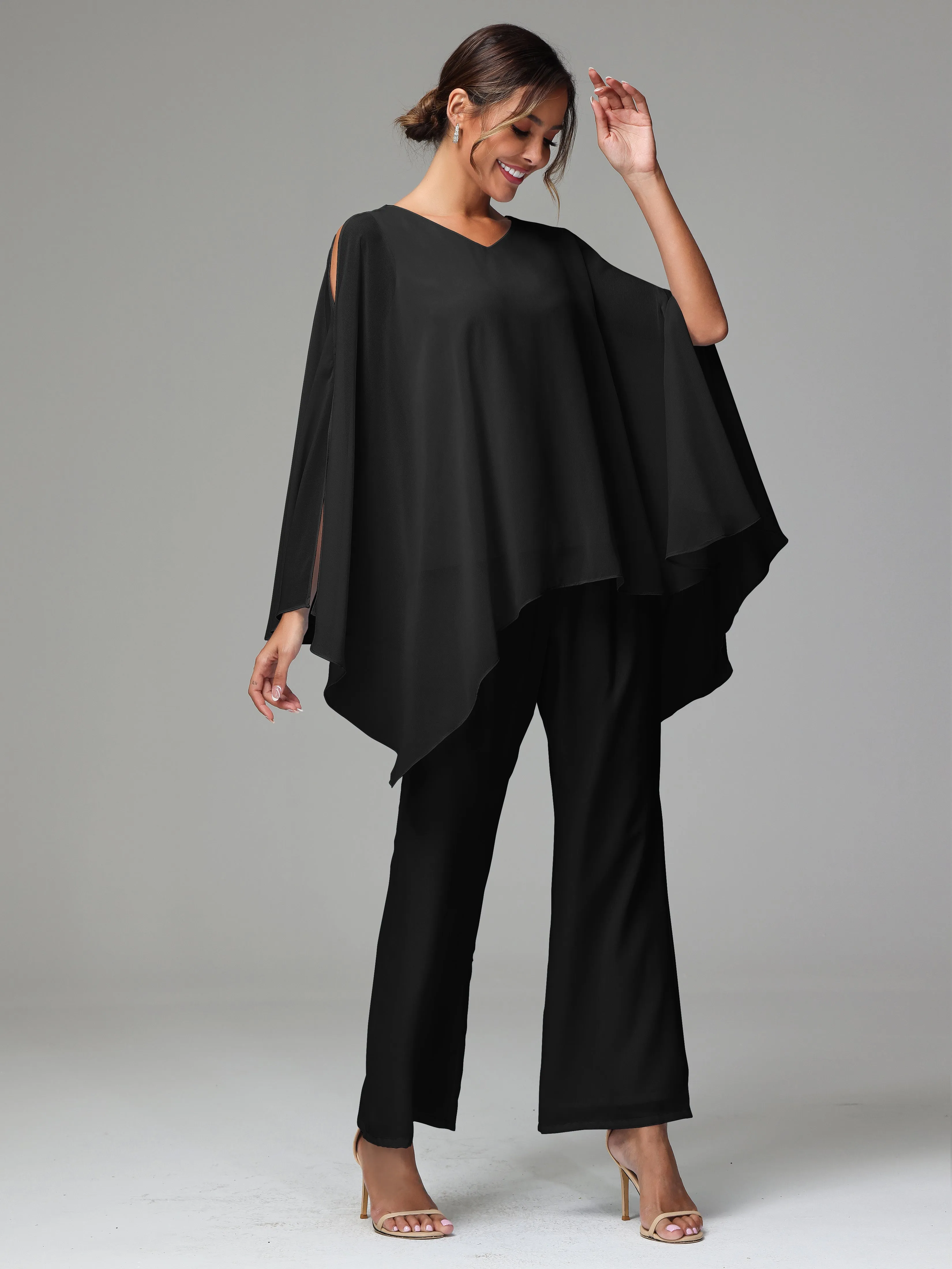 2 Pieces Flowy Split Sleeves Chiffon Mother Of The Bride Dress Pants Suits