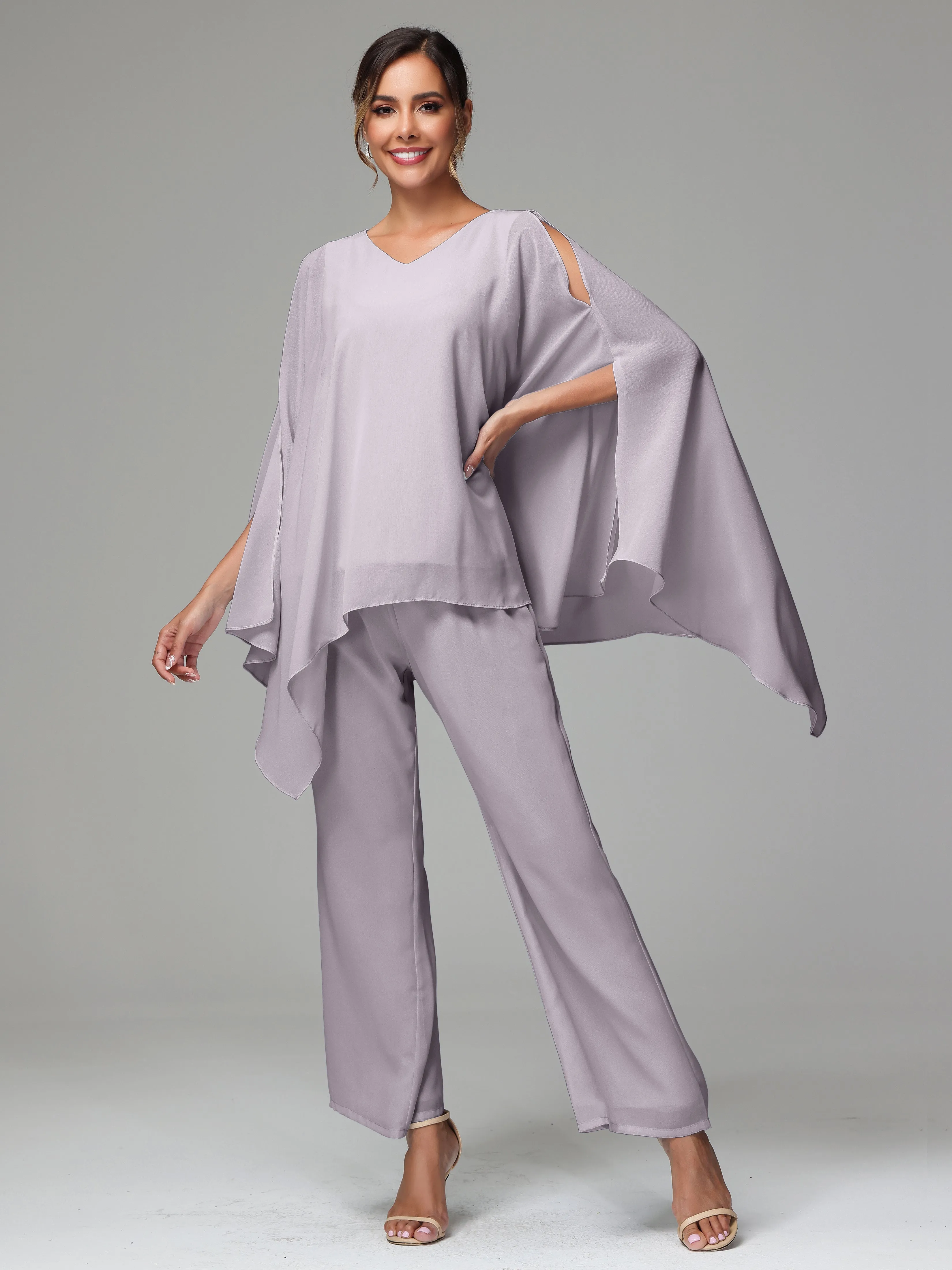 2 Pieces Flowy Split Sleeves Chiffon Mother Of The Bride Dress Pants Suits