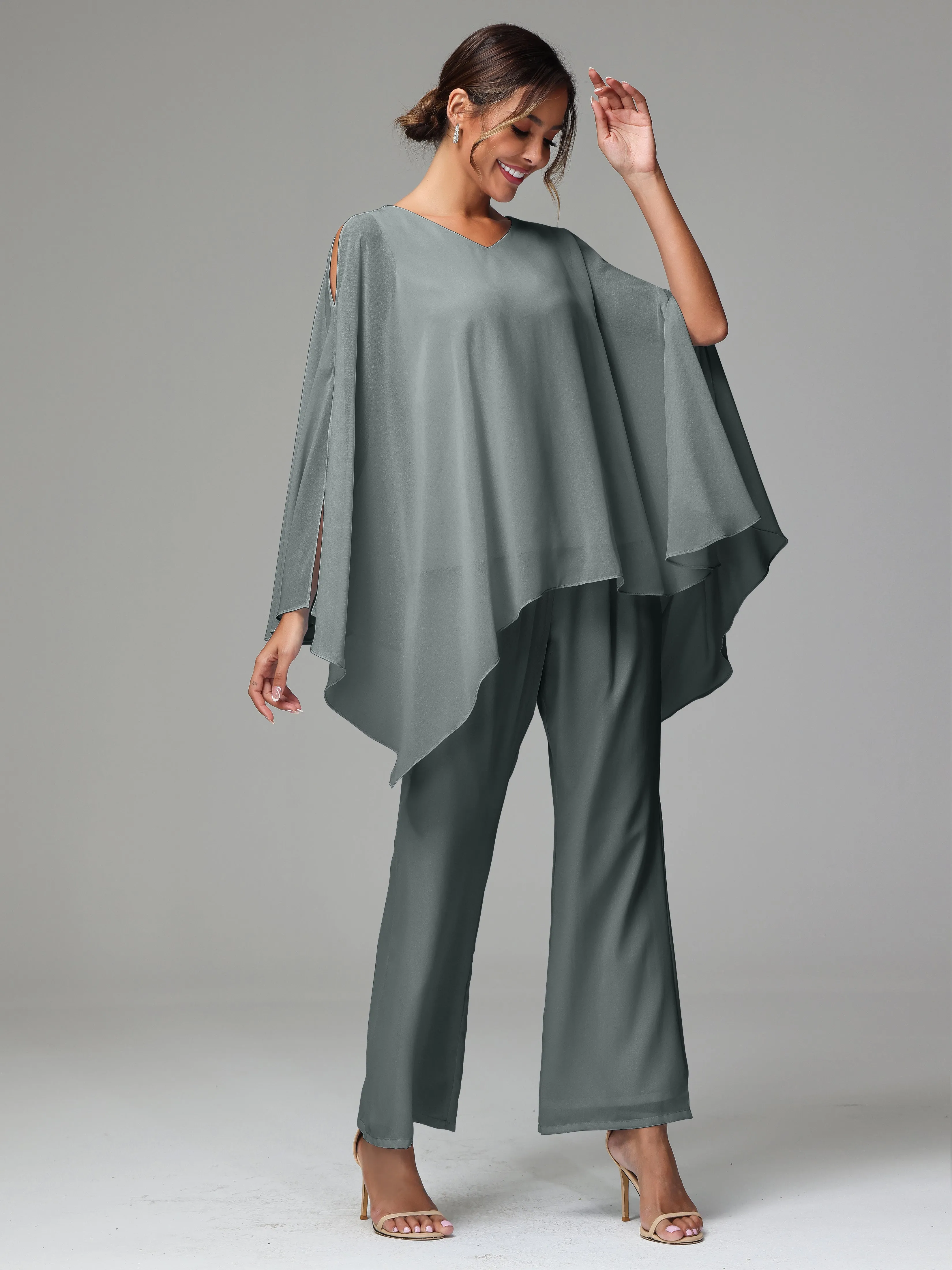 2 Pieces Flowy Split Sleeves Chiffon Mother Of The Bride Dress Pants Suits