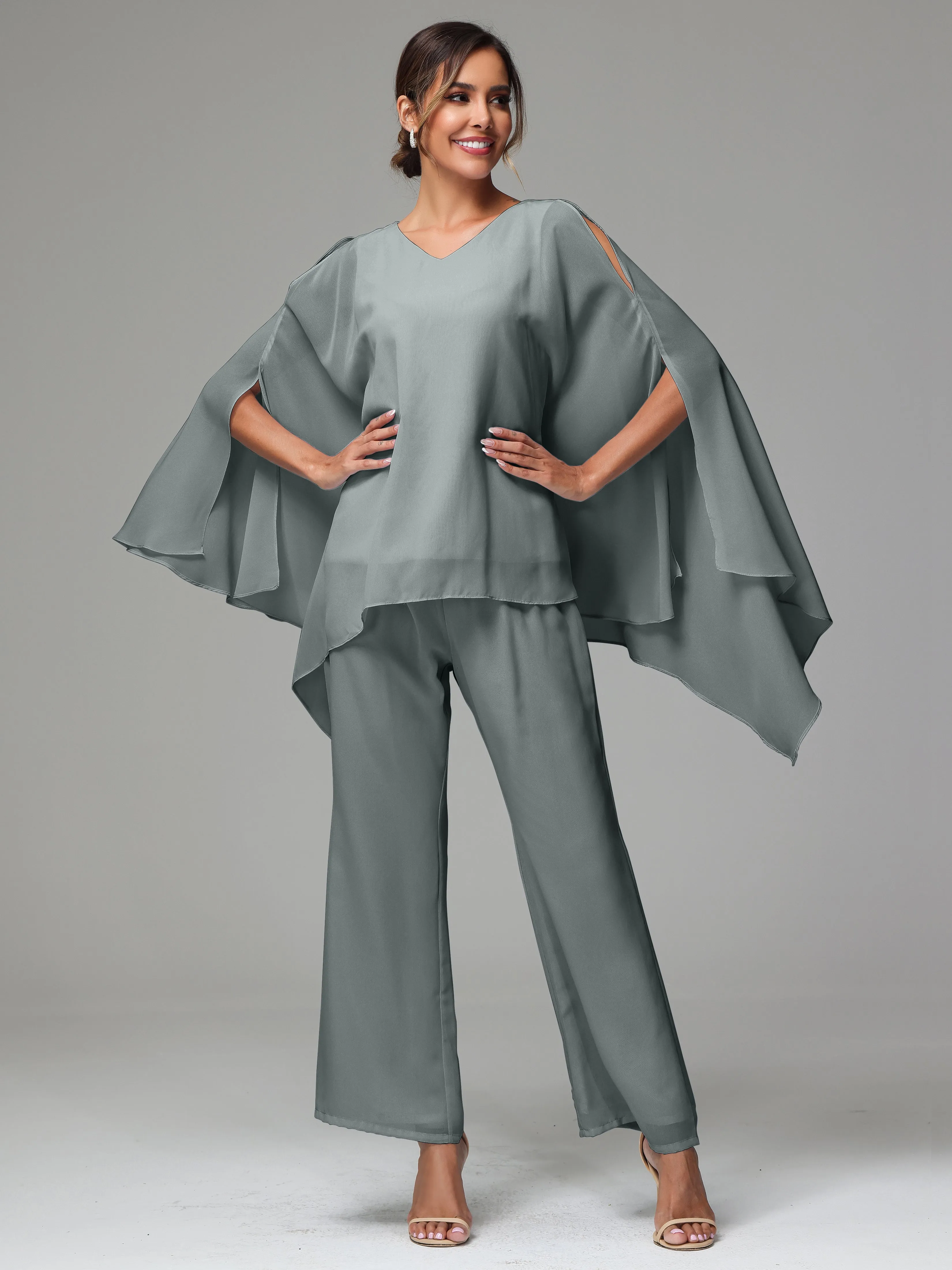 2 Pieces Flowy Split Sleeves Chiffon Mother Of The Bride Dress Pants Suits