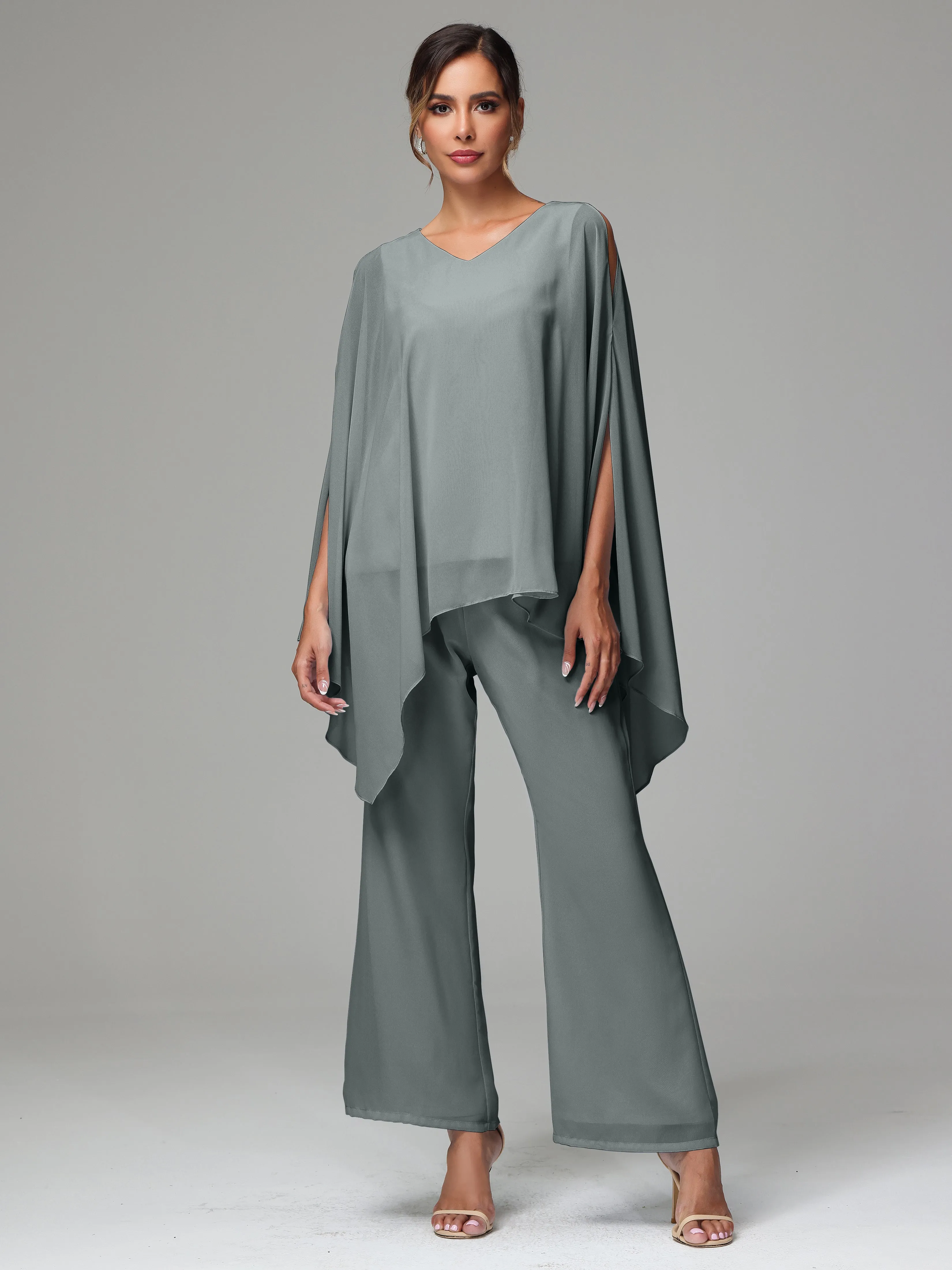 2 Pieces Flowy Split Sleeves Chiffon Mother Of The Bride Dress Pants Suits