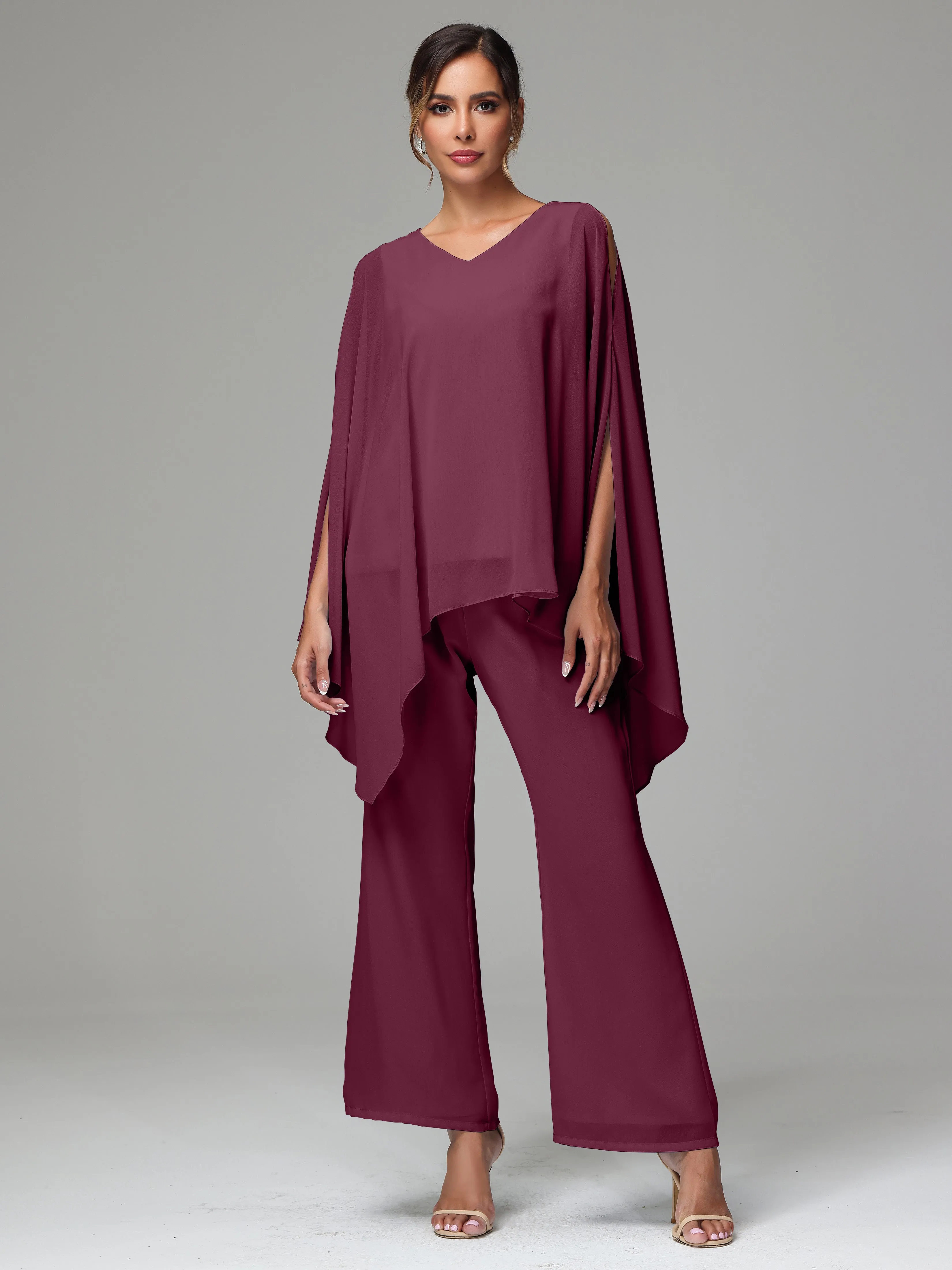 2 Pieces Flowy Split Sleeves Chiffon Mother Of The Bride Dress Pants Suits