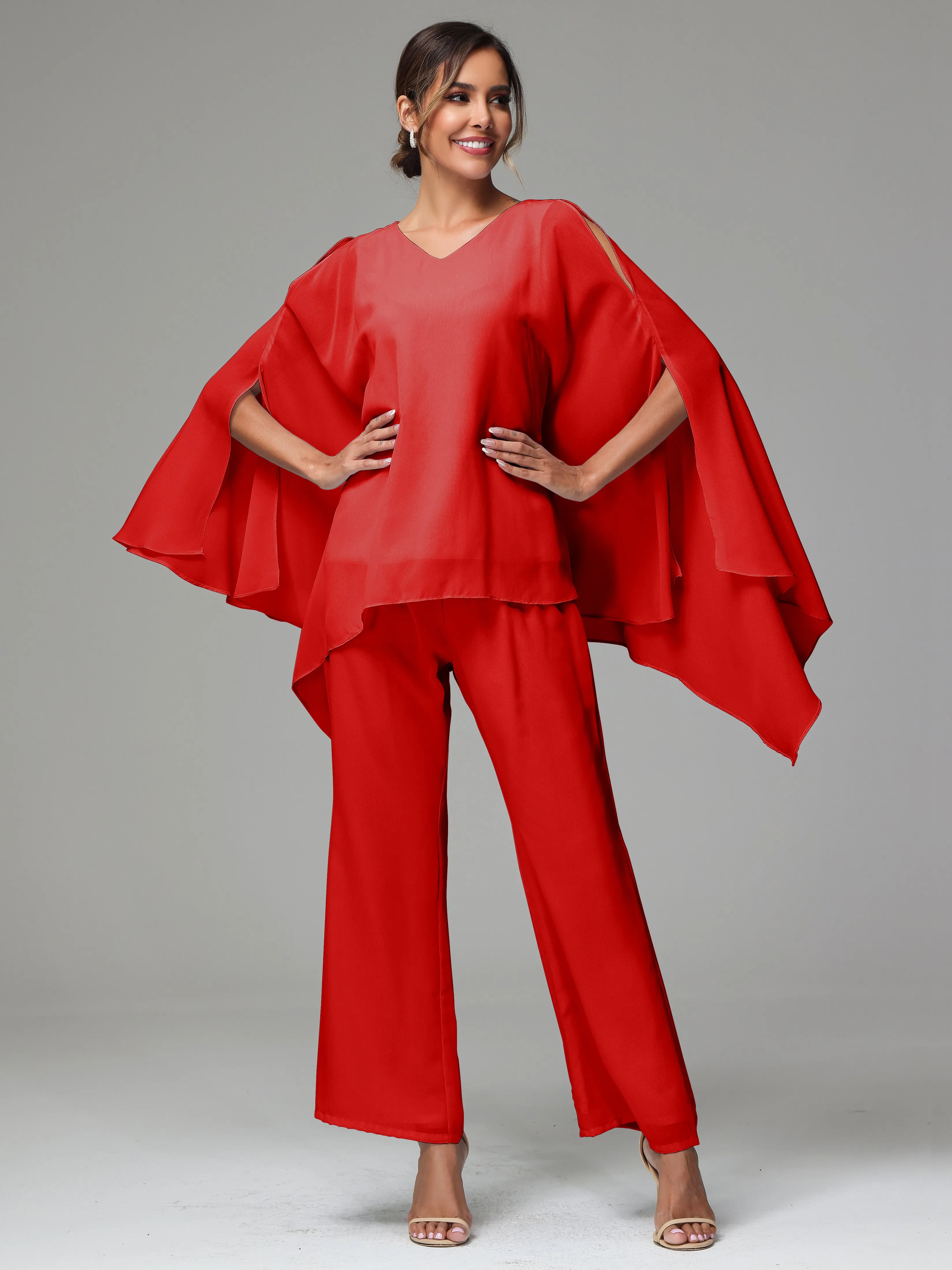 2 Pieces Flowy Split Sleeves Chiffon Mother Of The Bride Dress Pants Suits