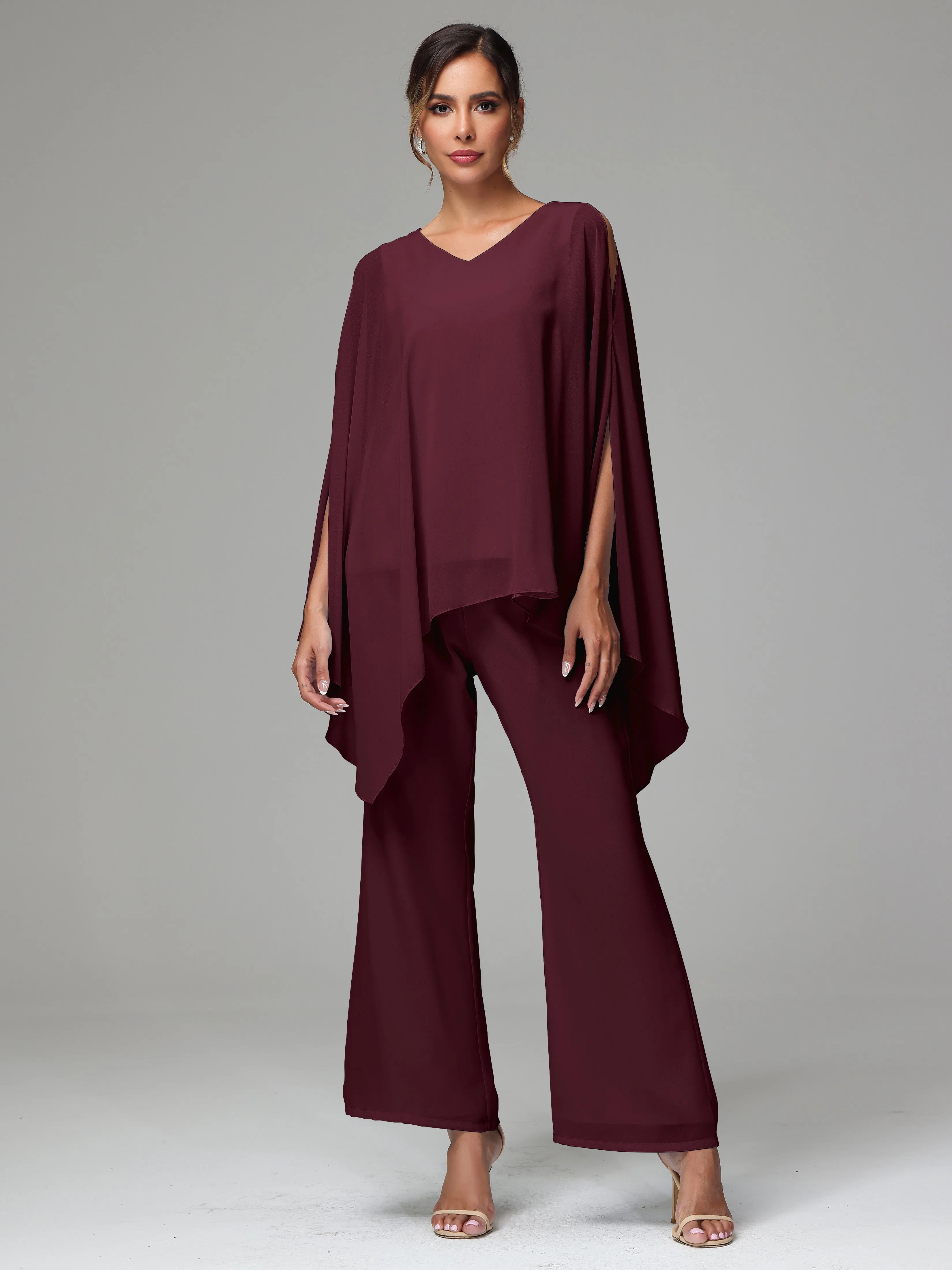 2 Pieces Flowy Split Sleeves Chiffon Mother Of The Bride Dress Pants Suits