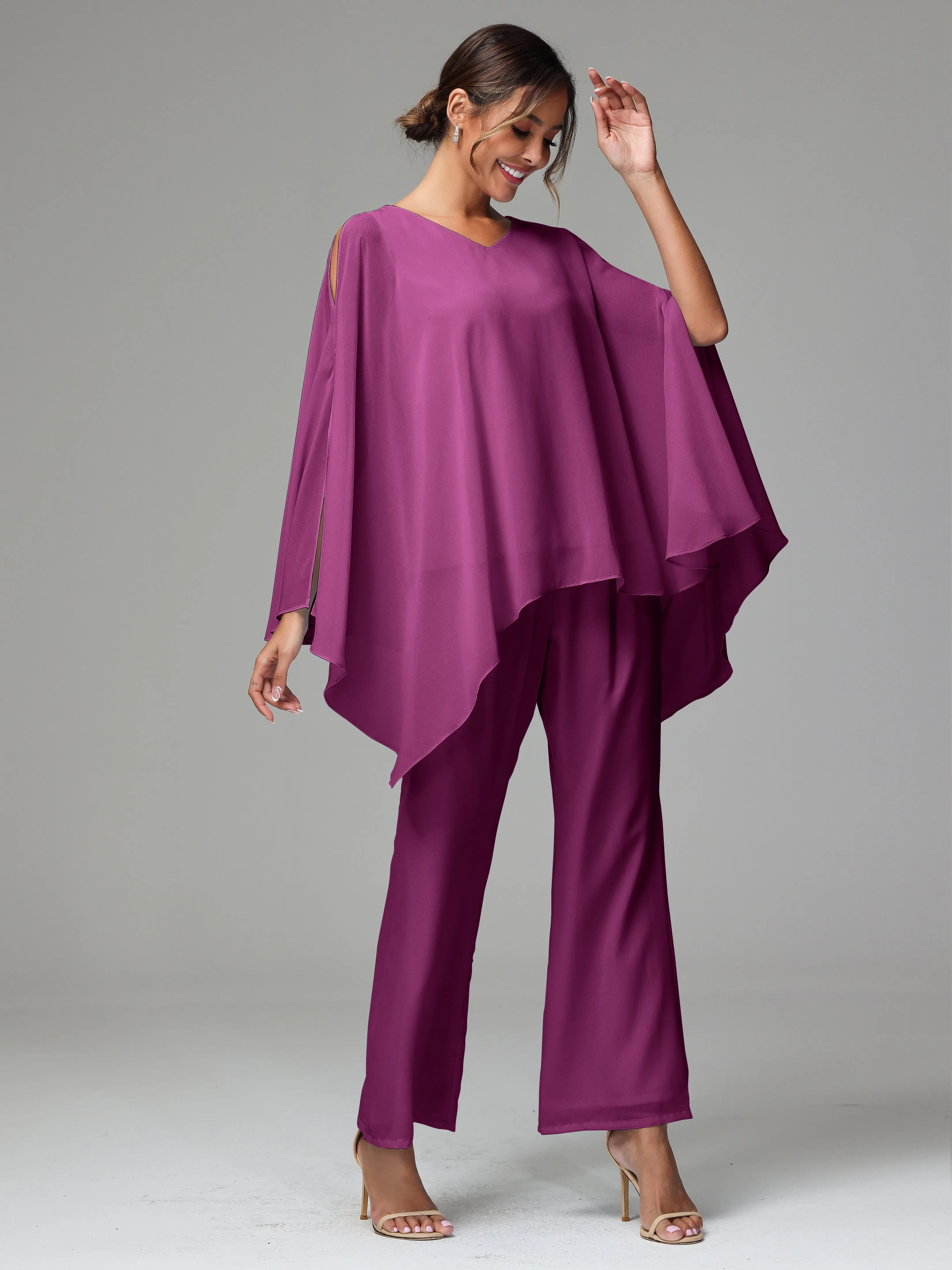 2 Pieces Flowy Split Sleeves Chiffon Mother Of The Bride Dress Pants Suits