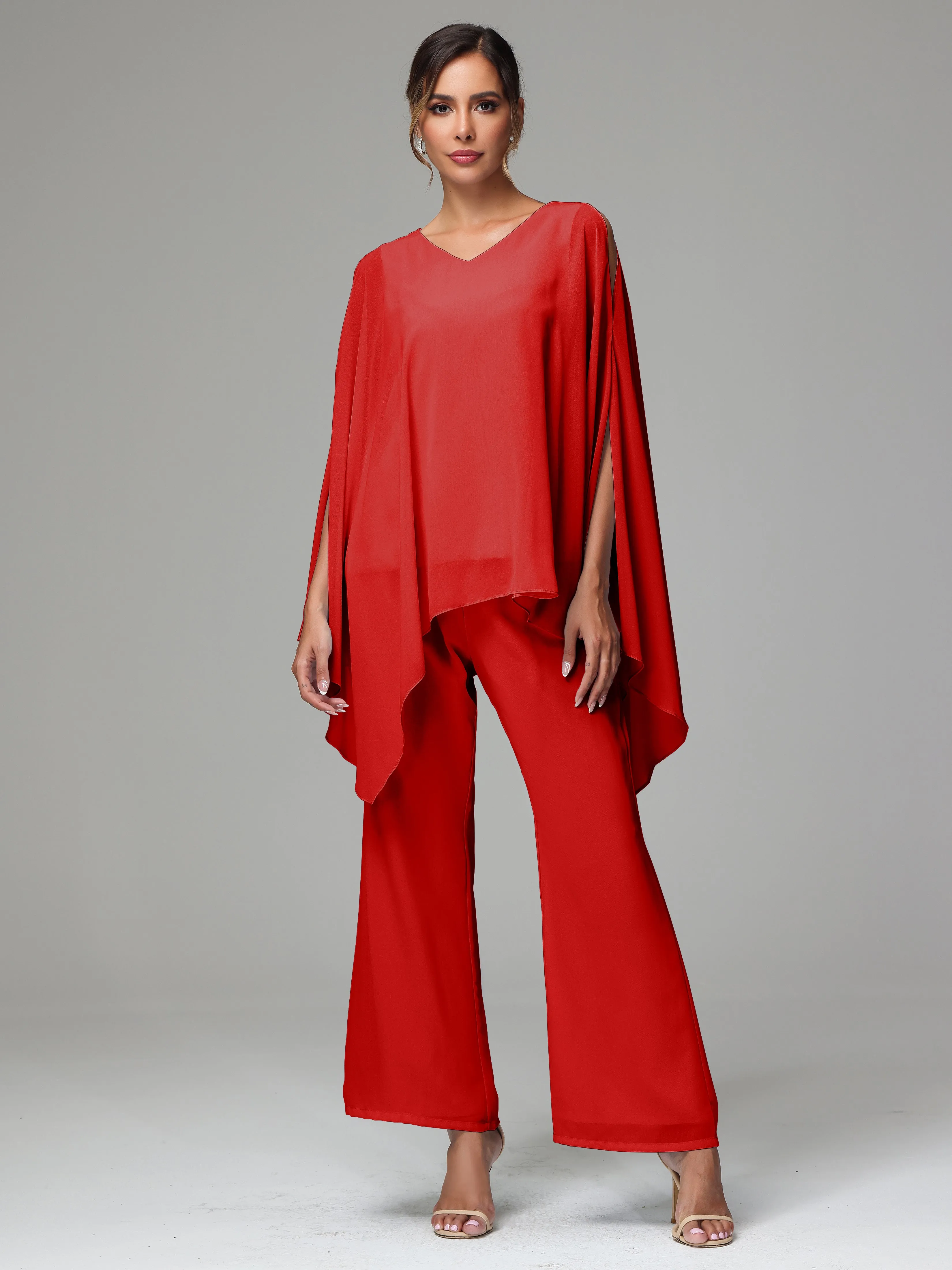 2 Pieces Flowy Split Sleeves Chiffon Mother Of The Bride Dress Pants Suits