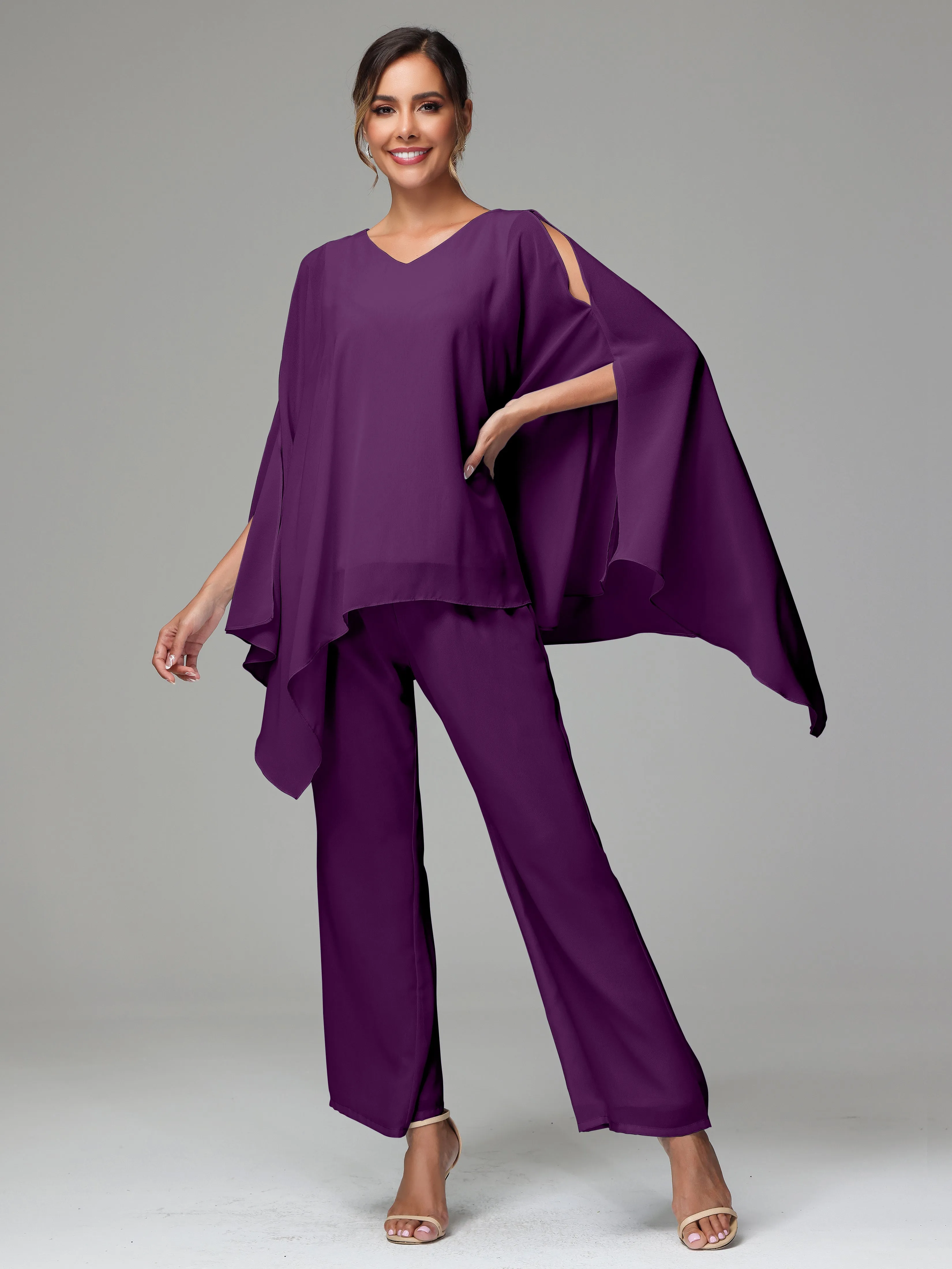 2 Pieces Flowy Split Sleeves Chiffon Mother Of The Bride Dress Pants Suits