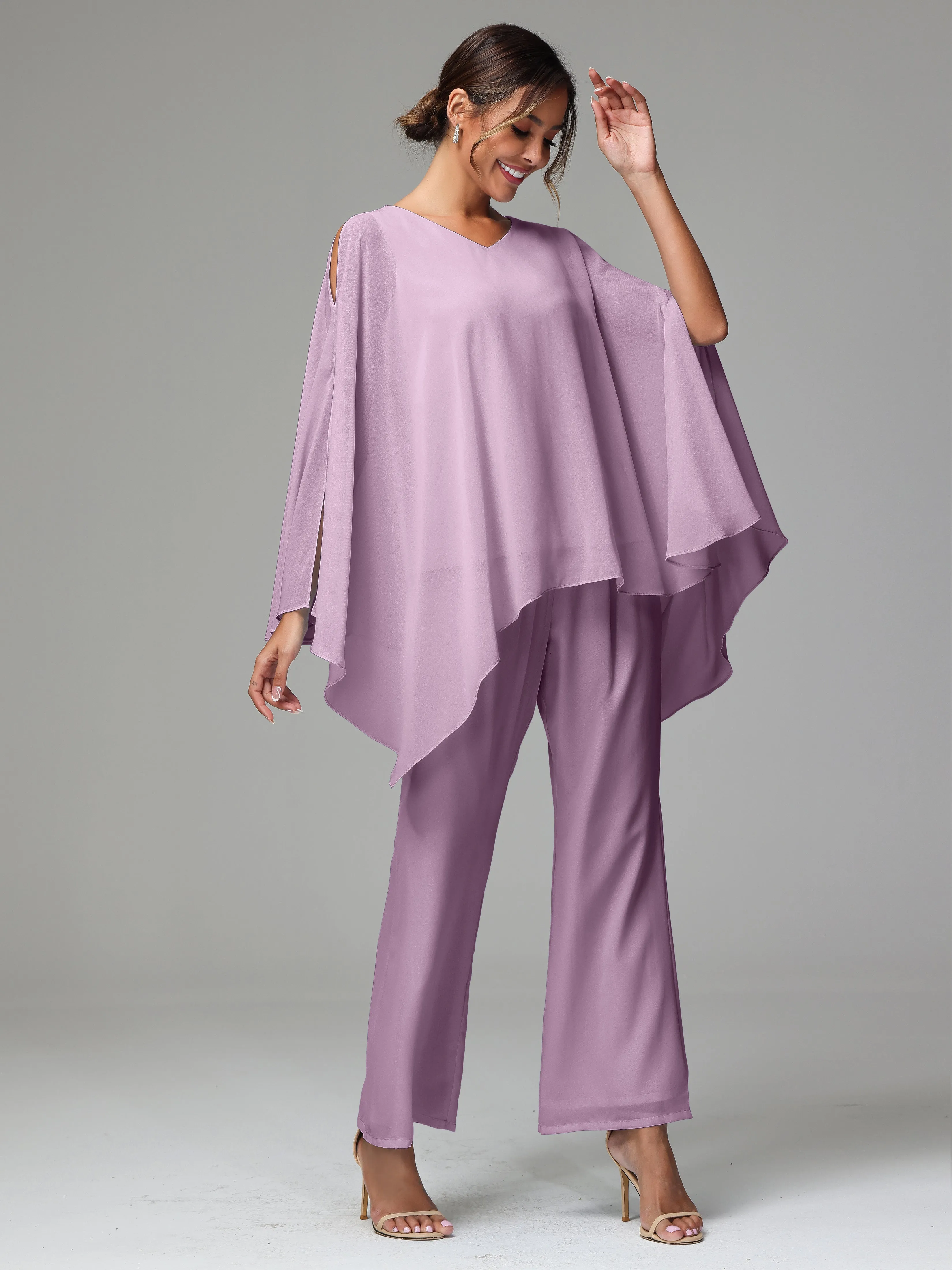 2 Pieces Flowy Split Sleeves Chiffon Mother Of The Bride Dress Pants Suits