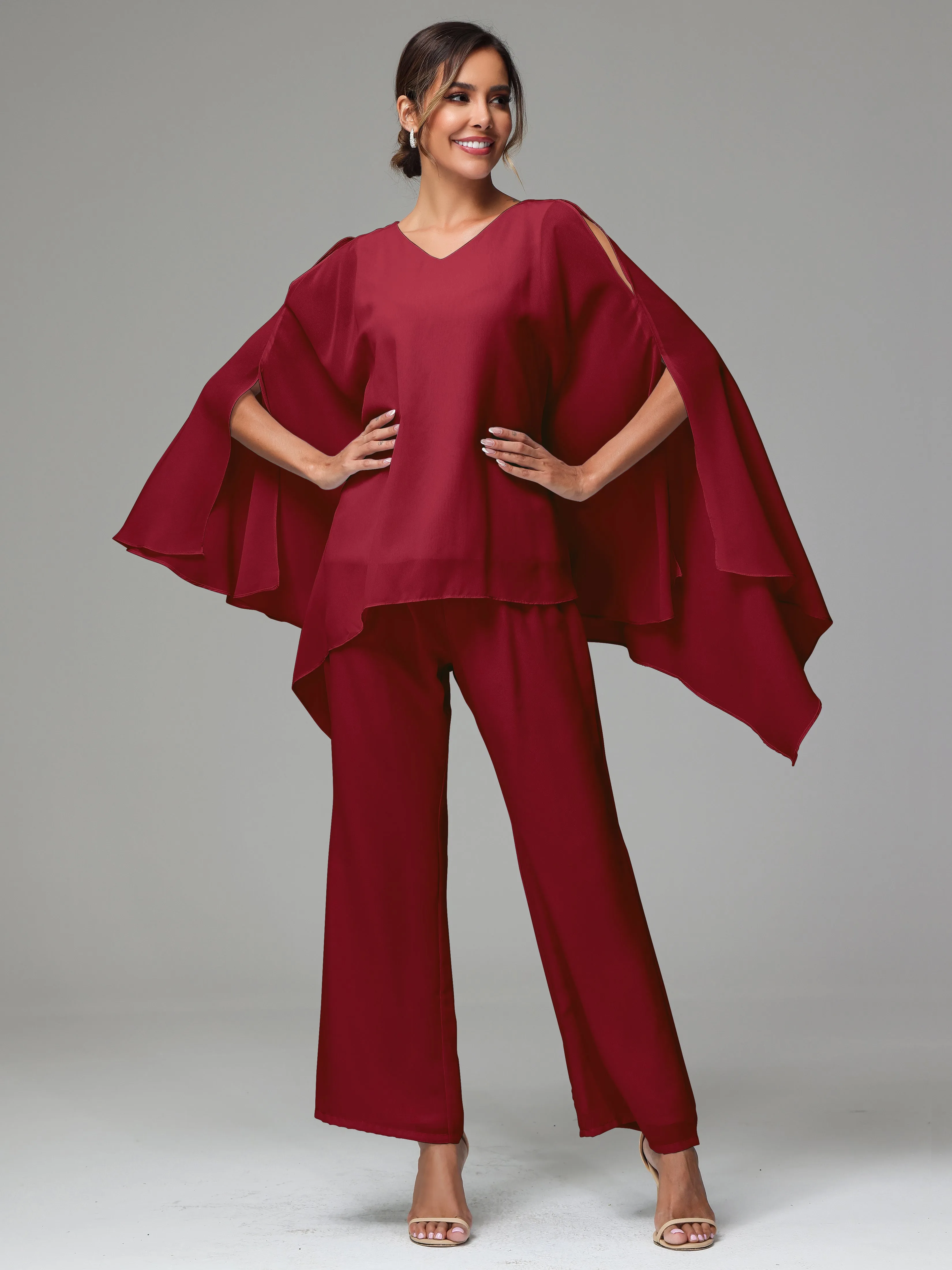 2 Pieces Flowy Split Sleeves Chiffon Mother Of The Bride Dress Pants Suits