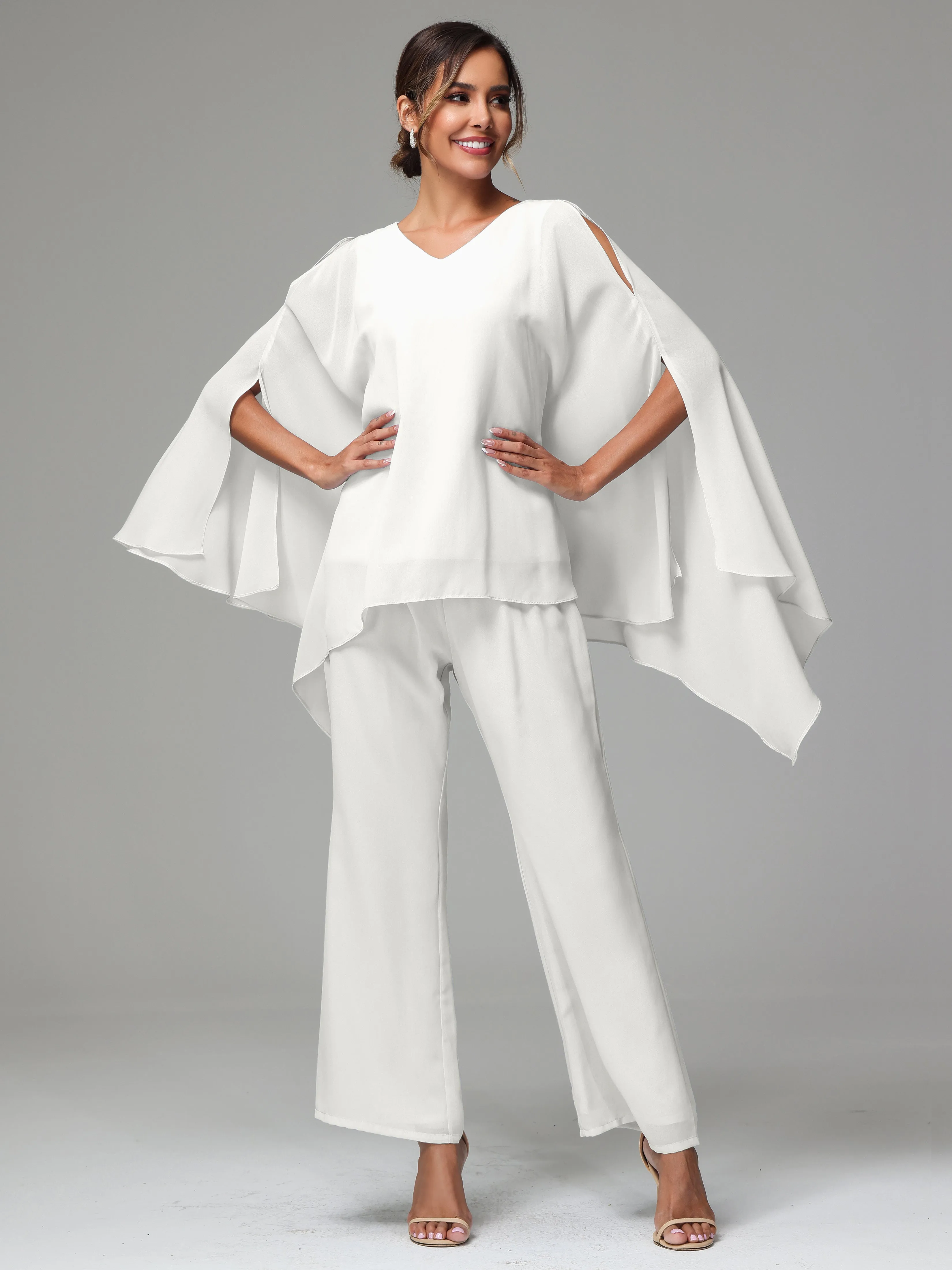 2 Pieces Flowy Split Sleeves Chiffon Mother Of The Bride Dress Pants Suits